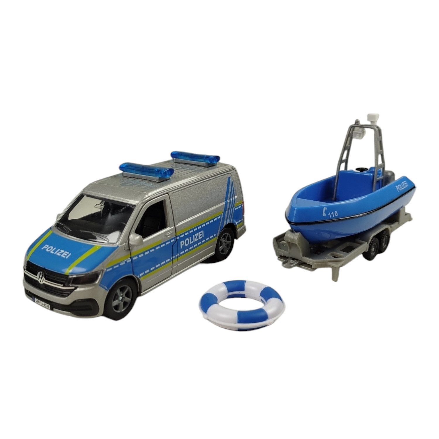 Toys Amsterdam Modellauto VW Polizei Van mit Boot und Anhänger Spielzeug Polizeiauto Pull Back
