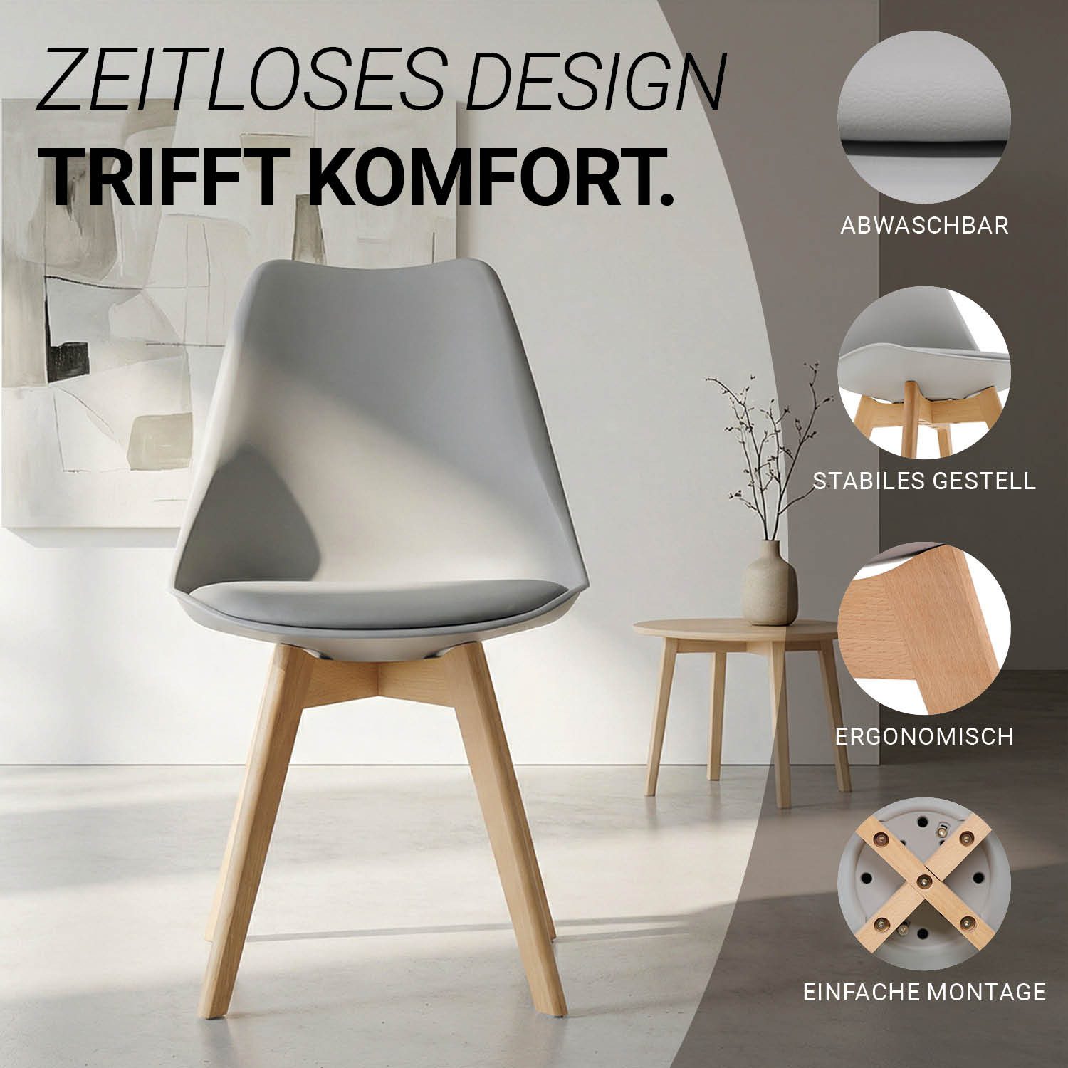 Homestyle4u Küchenstuhl Esszimmer Stühle Esstisch Küche Esszimmer Weiß Grau Schwarz (Spar-Set, 4 St), 4er Set, 4 Stühle, Skandinavisch, stabil – Bild 5 von 5