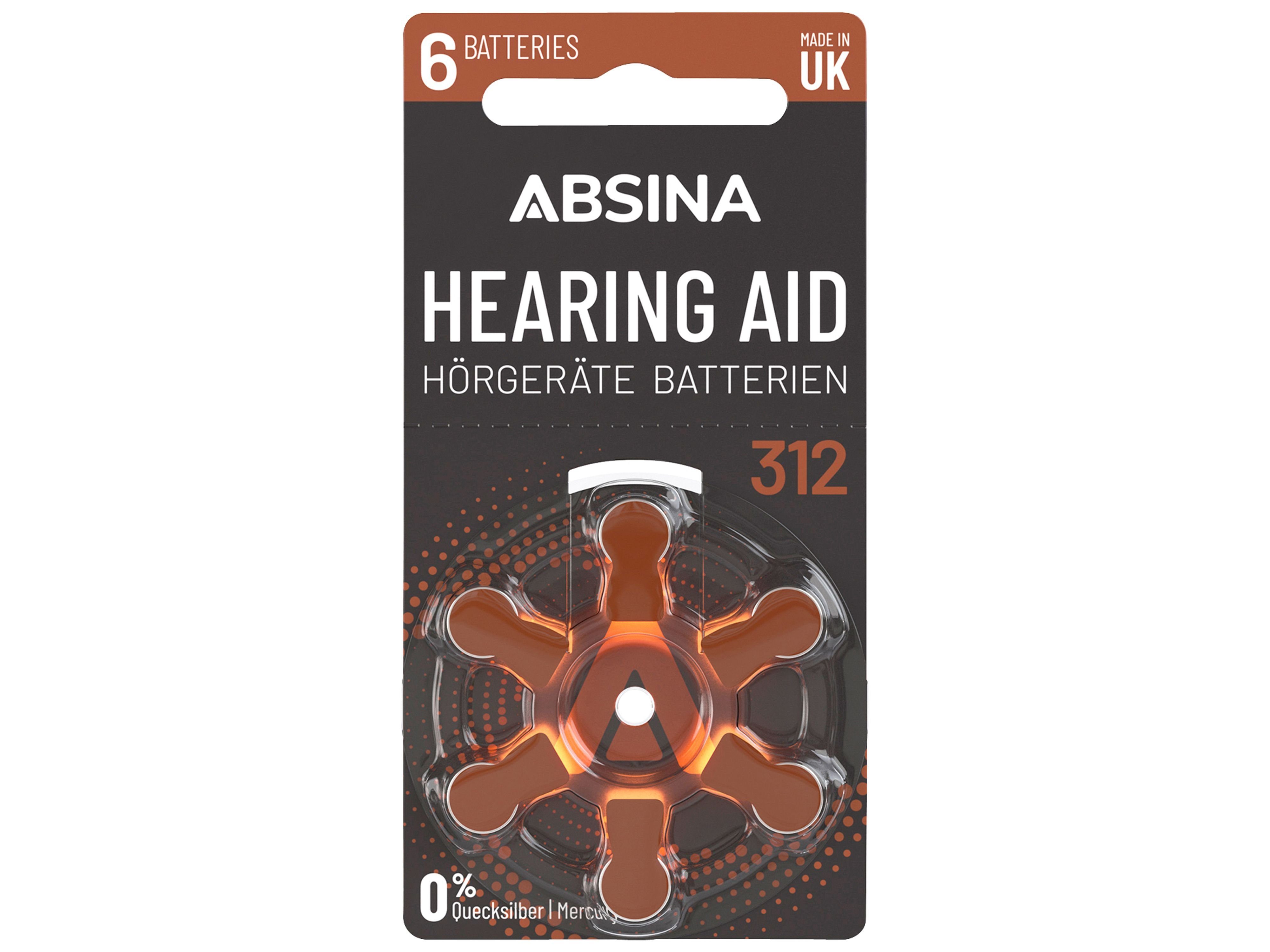 ABSINA ABSINA Hörgeräte-Batterie Typ 312 / PR41, 6 Stück Knopfzelle