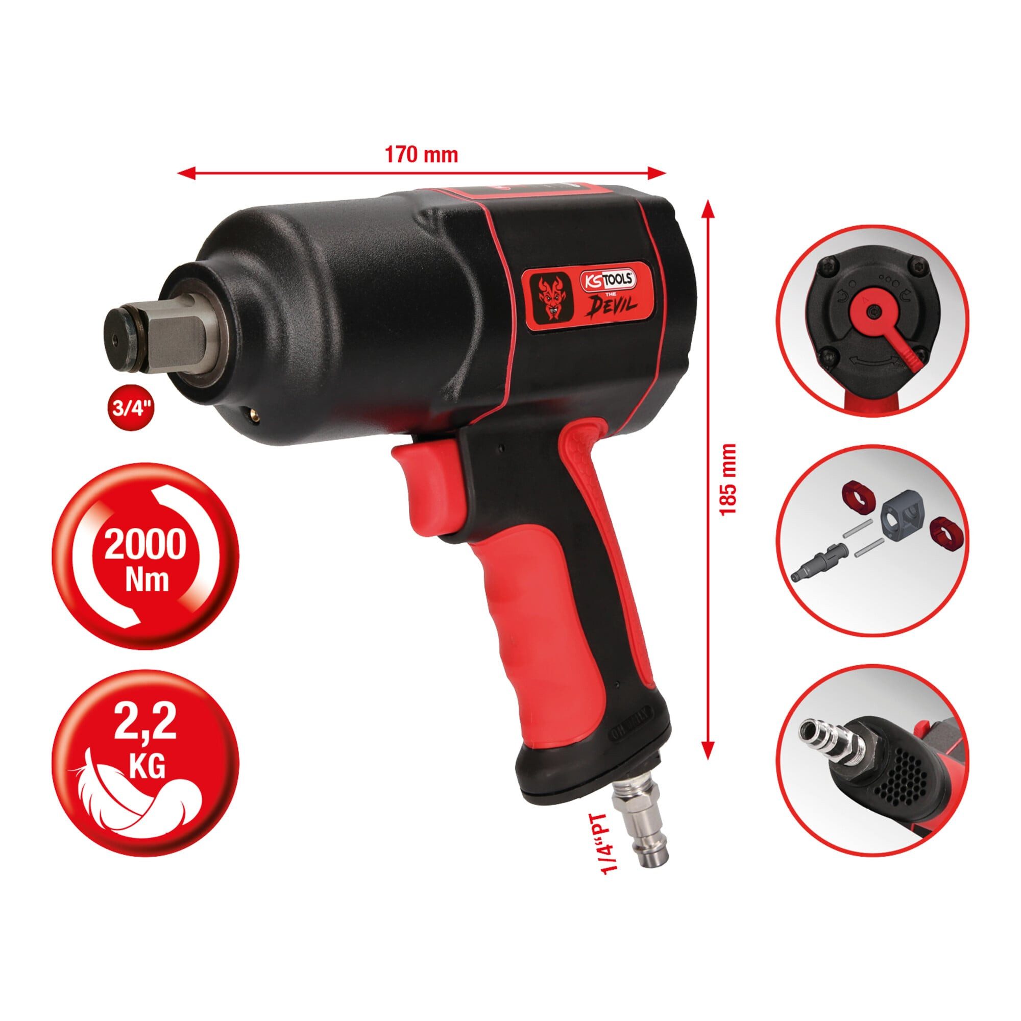KS Tools Druckluft-Schlagschrauber KS Tools Hochleistungs-Druckluft-Schlagschrauber THE DEVIL 3/4 Zoll, 2