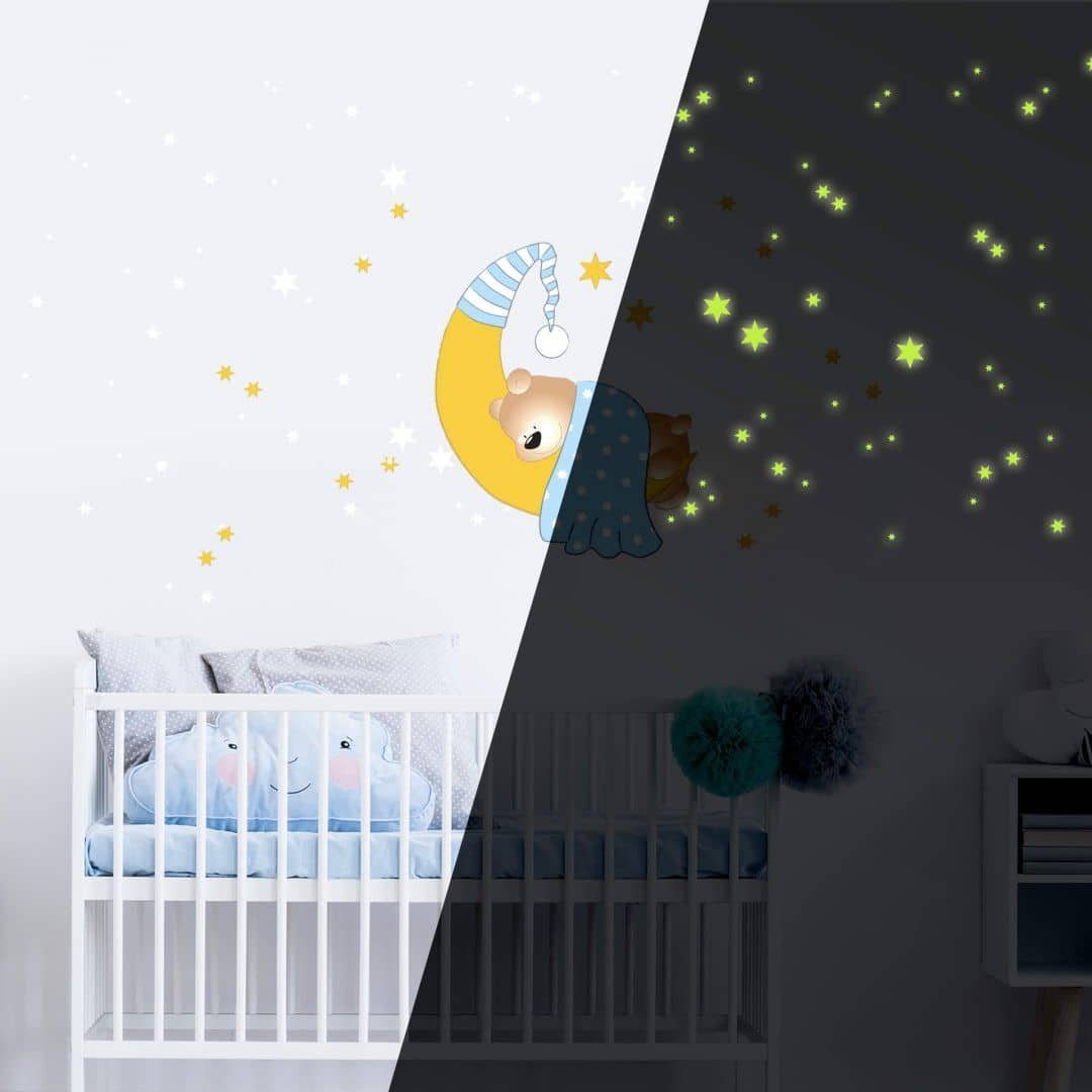 K&L Wall Art Wandtattoo Baby Teddy Bär Mond Leuchtsterne Blau 40x40cm selbstklebend, Kinderzimmer Leuchtbild