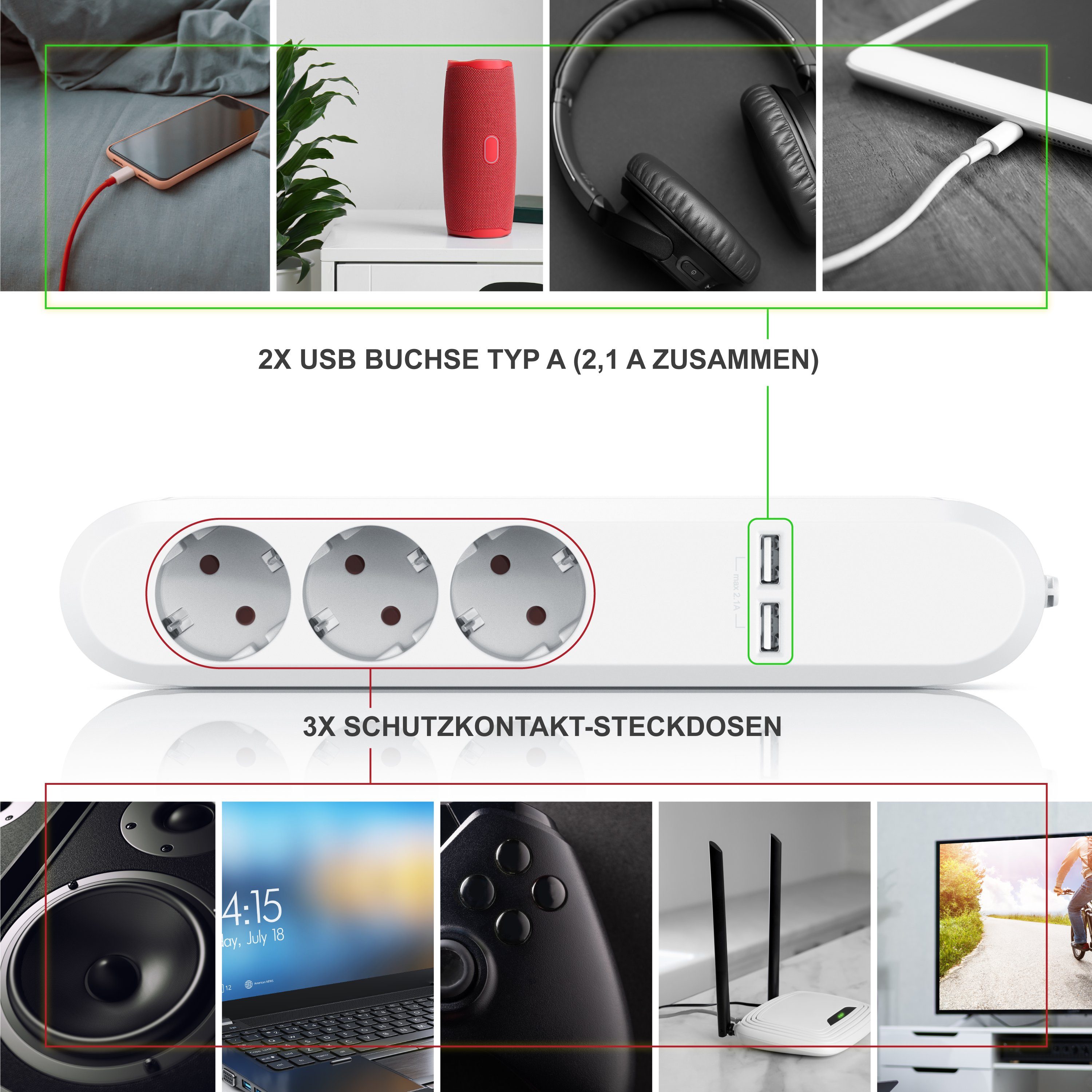 BEARWARE 3 Fach Steckerleiste mit 2X USB Ladeports, 1,5m Anschlusskabel, weiß Steckdosenleiste 3-fach (USB-Anschluss, Schutzkontaktstecker, Kindersicherung, Kab – Bild 3 von 5