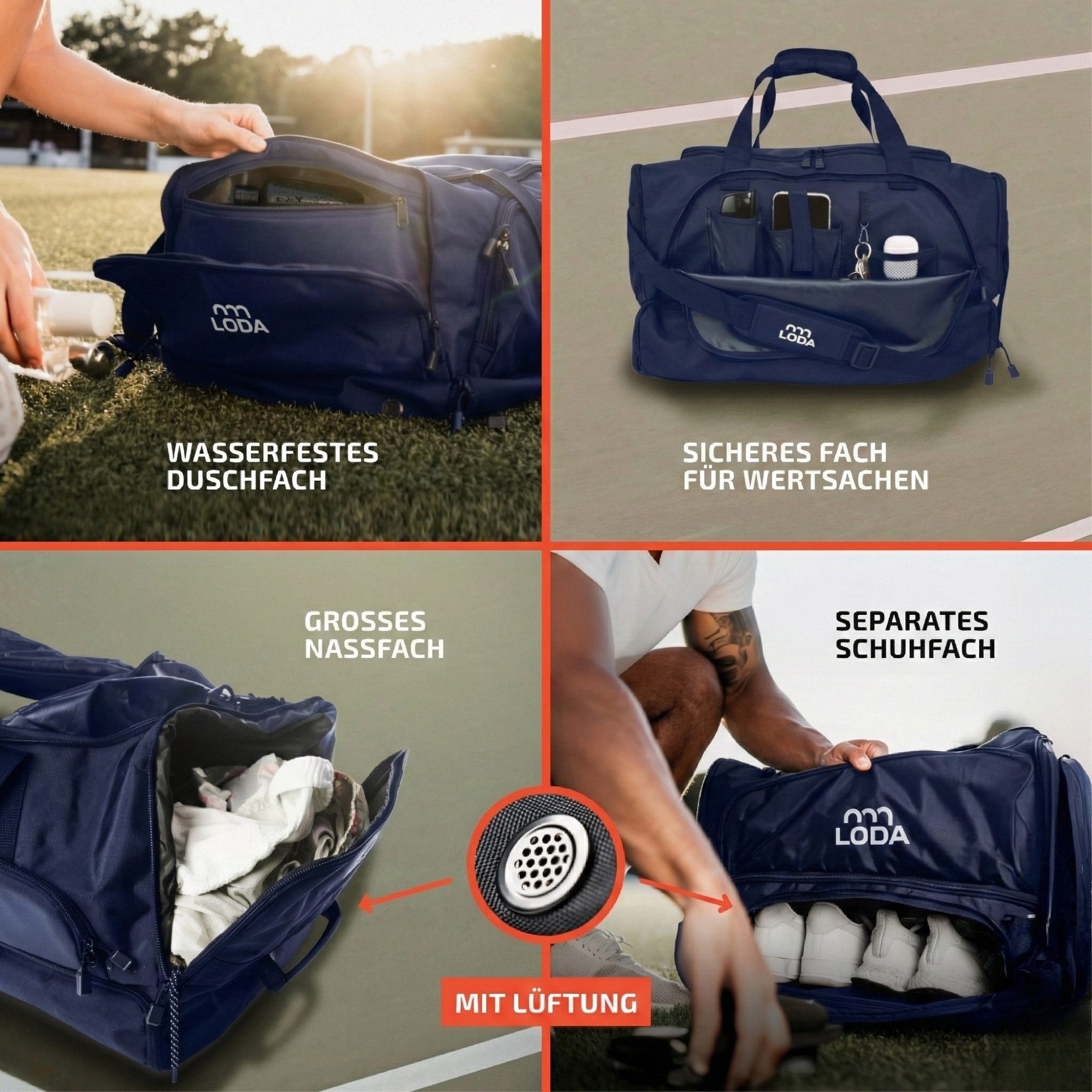 LODA sports Sporttasche compact 48L - Trainingstasche mit Rucksackfunktion & Schuhfach, 50 cm (L) x 30cm (B) x 32cm (H), 48 Liter Volumen