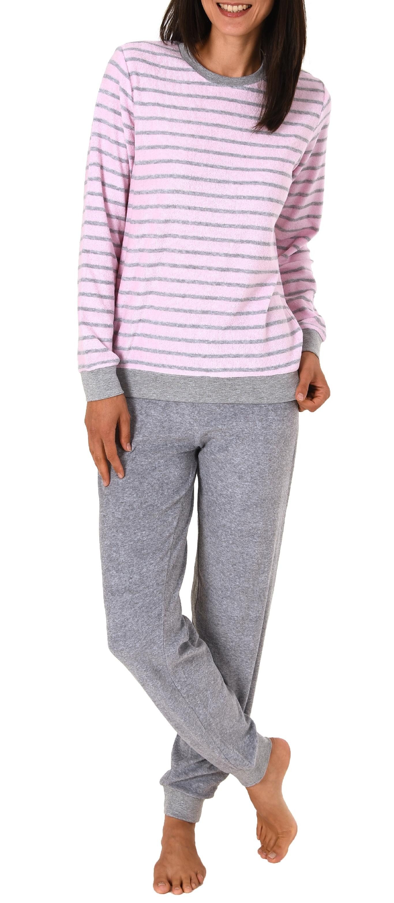 Normann Pyjama Damen Frottee Pyjama langarm mit Bündchen in Streifenoptik