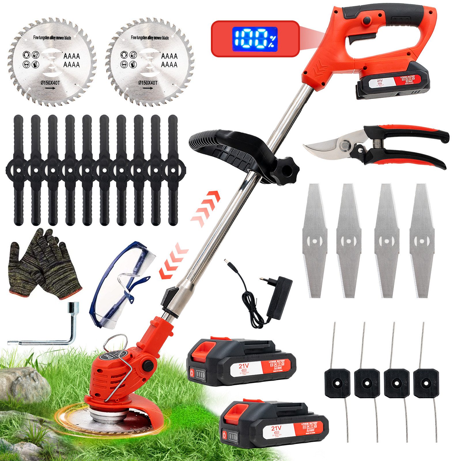 OUTIGO Akku-Rasentrimmer Akku-Rasentrimmer mit 3000mAh 21V Akku, Verstellbarer Teleskopstiel, 15 cm Schnittbreite, 4 Arten Klingen, Teleskop-Stiel/zusammenklappbar
