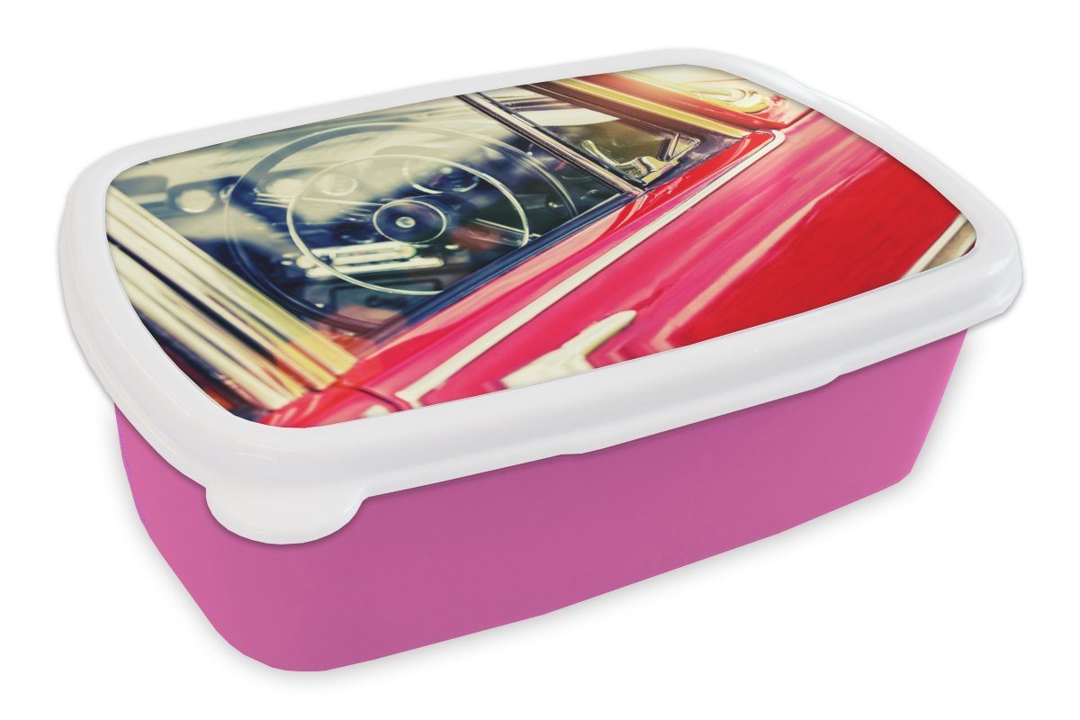 MuchoWow Lunchbox Seite eines Oldtimers, Kunststoff, (2-tlg), Brotbox für Erwachsene, Brotdose Kinder, Snackbox, Mädchen, Kunststoff rosa