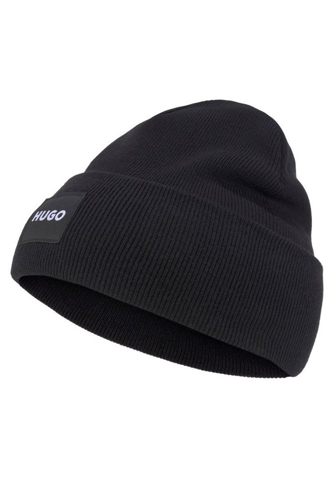 HUGO Beanie Xevon mit HUGO Logo-Badge, Im Rippenstrick mit Umschlag