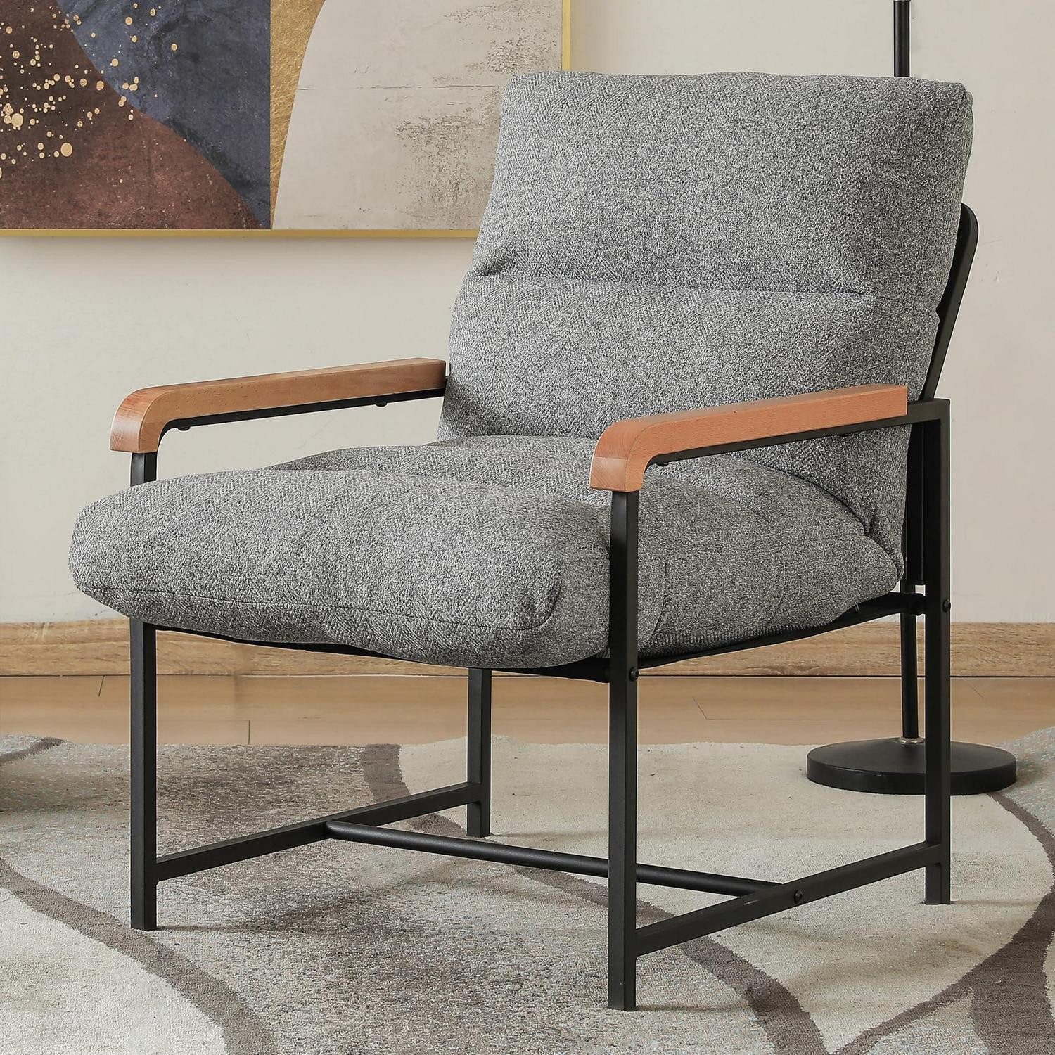 LuxusKollektion Cocktailsessel Sessel Armlehnen Cocktailstuhl Einzelsofa Holzarmlehnen-Modell Grau