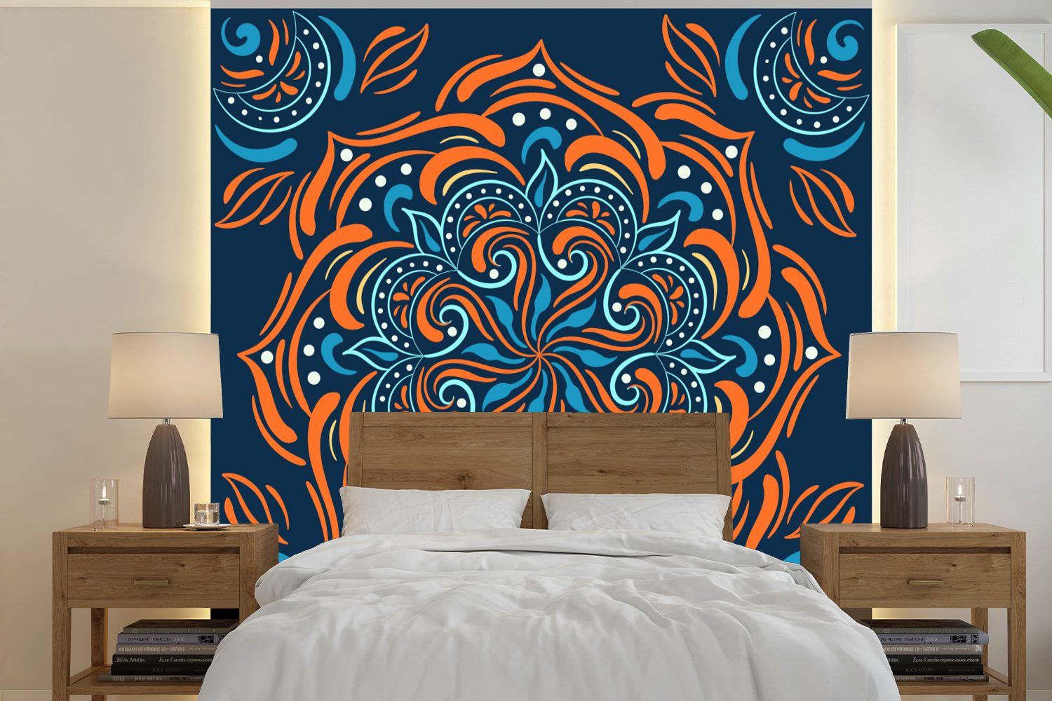 MuchoWow Fototapete Mandala - Orange - Blau - Muster, Matt, bedruckt, (5 St), Vinyl Tapete für Wohnzimmer oder Schlafzimmer, Wandtapete