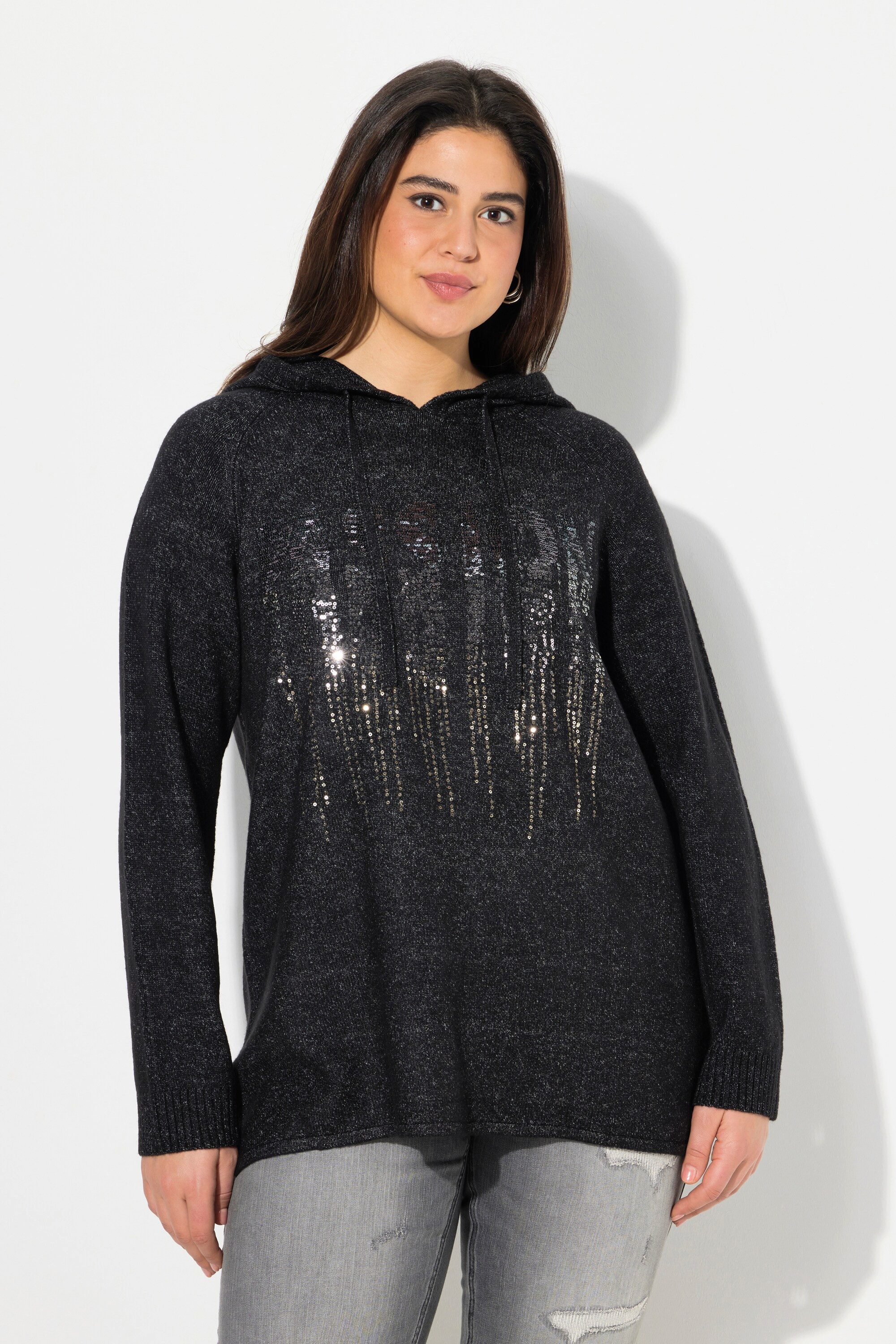 Ulla Popken Wollpullover Strick-Hoodie A-Linie Pailletten günstig online kaufen