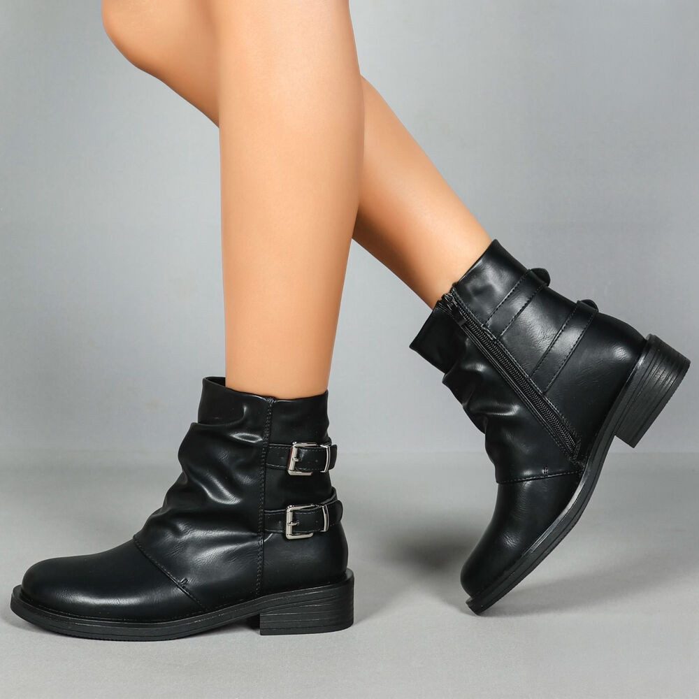Ital-Design Modischer Damen-Boot mit Raffung und Schnallen Stiefelette (90542769) Blockabsatz Western- & Bikerboots in Schwarz