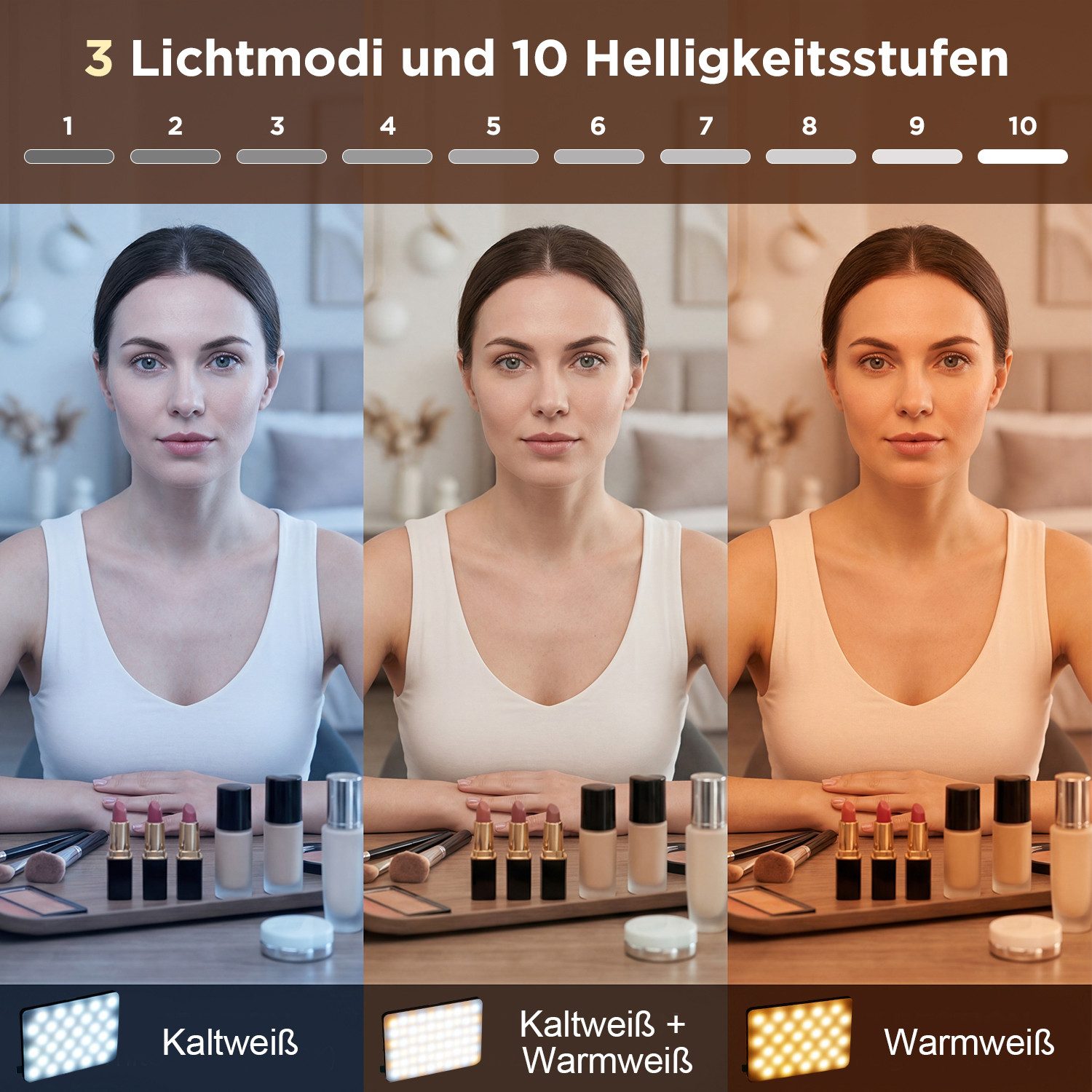 ANYSUN Videoleuchte Selfie Licht Selfielicht 2000mAh Handylicht, 3 Lichtmodi Blitzgerät, (wiederaufladbares Akku, Dimmbar Kaltweiß, Warmweiß, Kaltw+Warmweiß)
