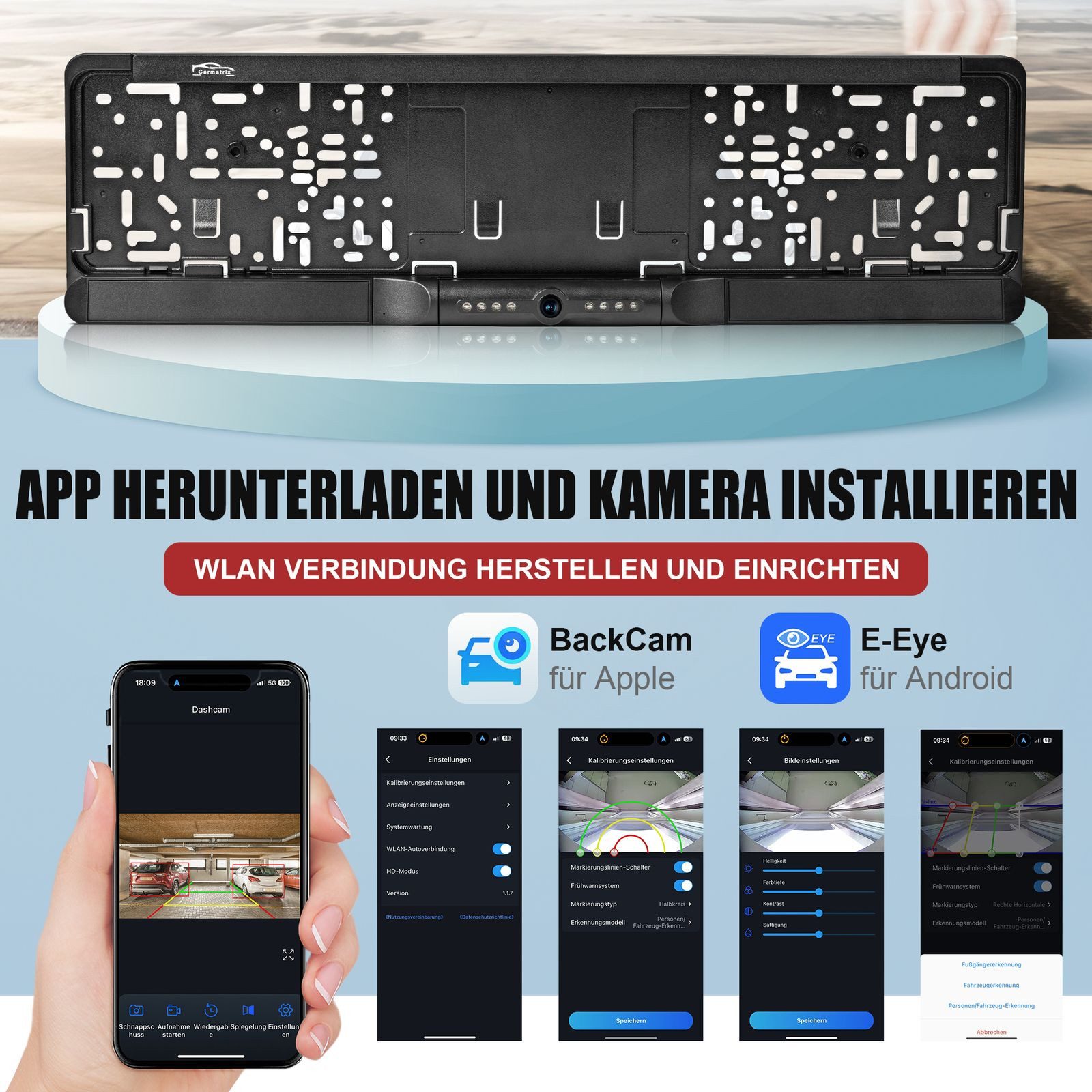 CARMATRIX D43 WLAN KI Rückfahrkamera Personenerkennung Kennzeichenhalter APP Rückfahrkamera (Auto WLAN Funk Rückfahrsystem im Nummernschild Kennzeichenhalter, R – Bild 5 von 5