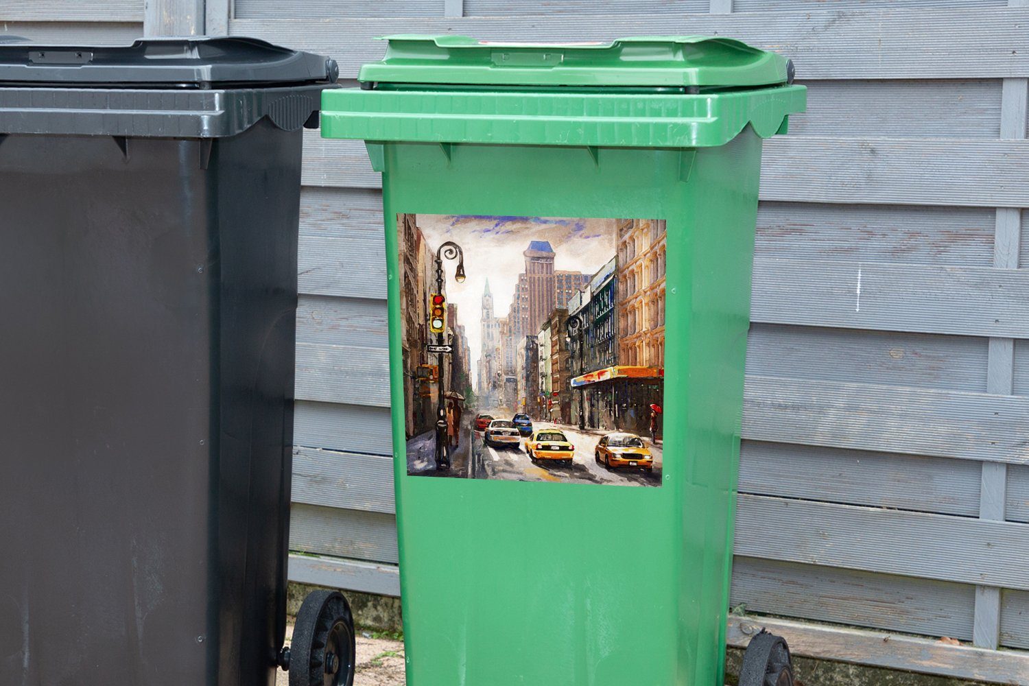 MuchoWow Wandsticker Gemälde - Abfalbehälter Stadt Auto - Öl Sticker, St), (1 - Mülltonne, Container, Mülleimer-aufkleber