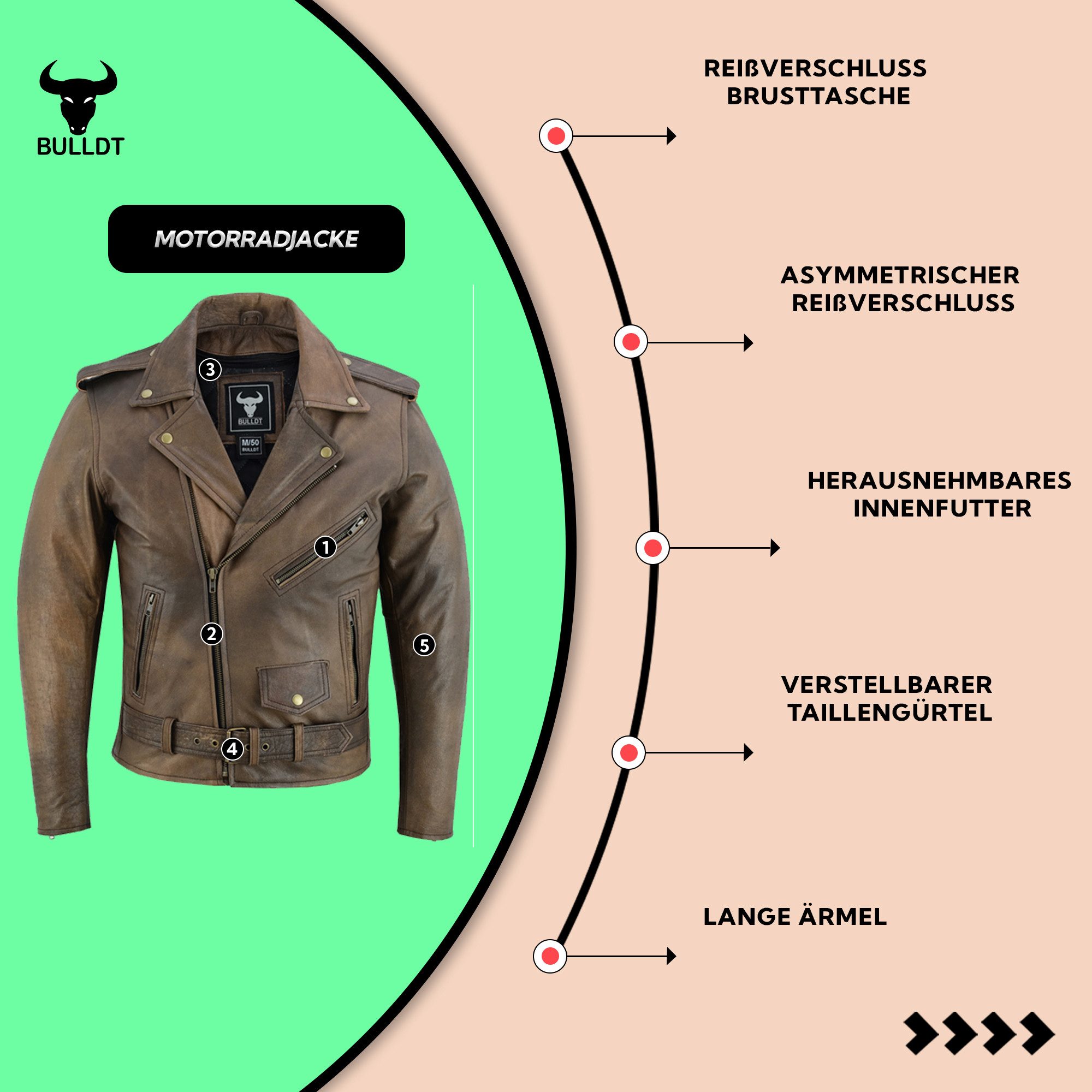BULLDT Motorradjacke BLD418J Rockerjacke Chopper Lederjacke Brando Retro vintag