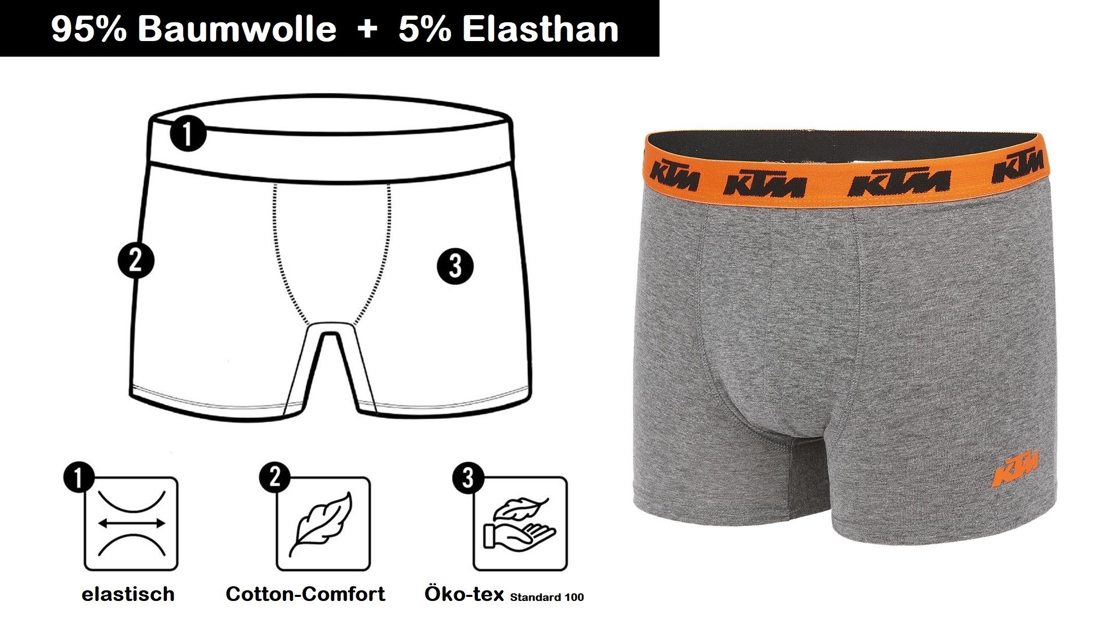 KTM Boxershorts Men Hüft-Shorts Basic auf (2er-Pack) Outdoorsport mit grau-orange Unterhose dem Taillenbund Logo