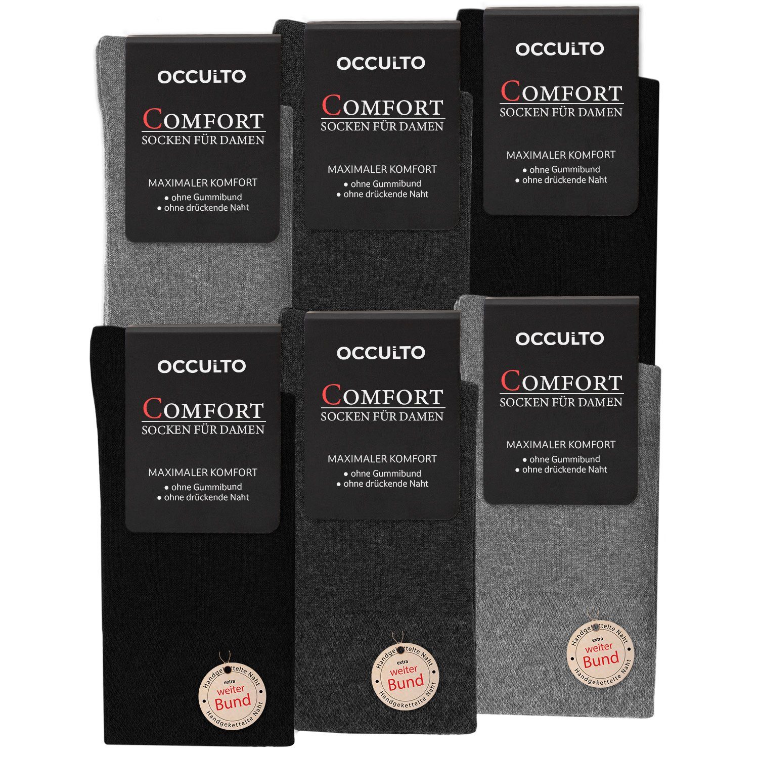 OCCULTO Komfortsocken Damen Komfort Socken ohne Gummibund 6er Pack (Modell: Gabi) (6-Paar) Grey Mix