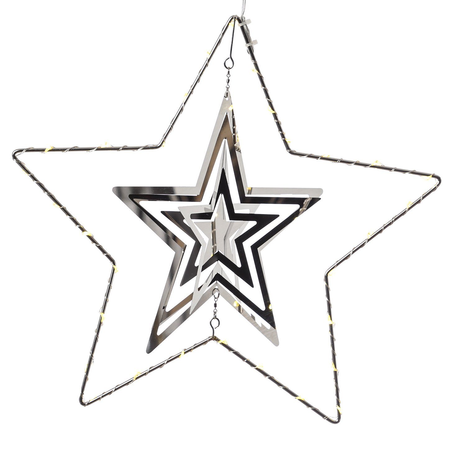 MARELIDA LED Stern LED Stern 3D Dekohänger Metallstern Weihnachtsstern Timer 30cm silber, LED Classic, warmweiß (2100K bis 3000K)