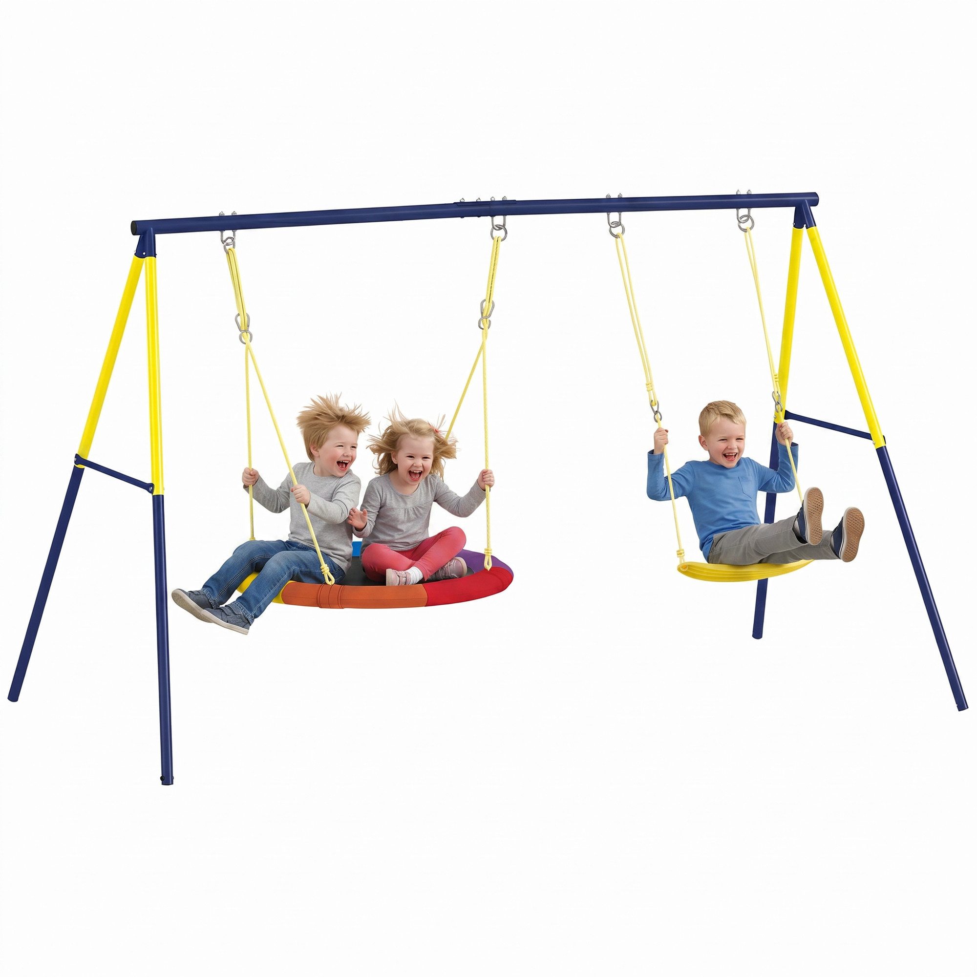 AIYAPLAY Schaukelgestell Doppelschaukel, Nestschaukel, Gurtschaukel, Stahlgestell, (Schaukel-Set bis 150 kg, 1-tlg., Outdoor Schaukelgerüst), für 3-8 Jahre Kinder 265 x 160 x 178 cm Mehrfarbig