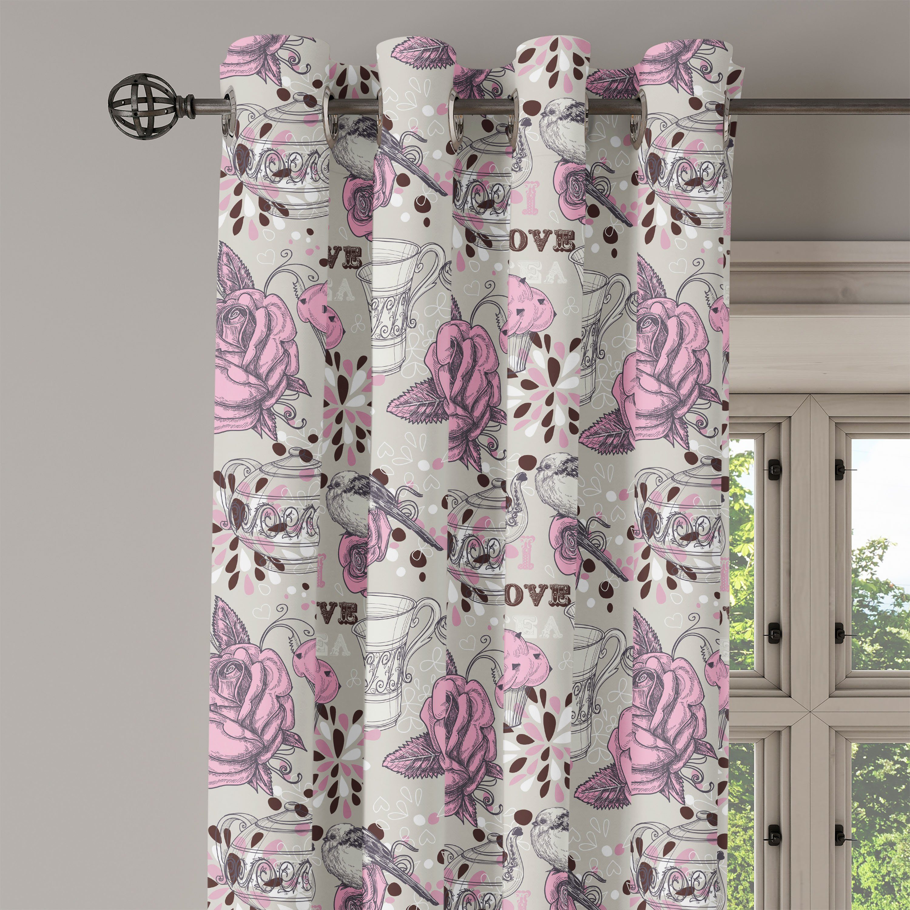 Gardine Dekorative Vögel Romantische 2-Panel-Fenstervorhänge Schlafzimmer Tee-Party Wohnzimmer, Rosen Abakuhaus, für