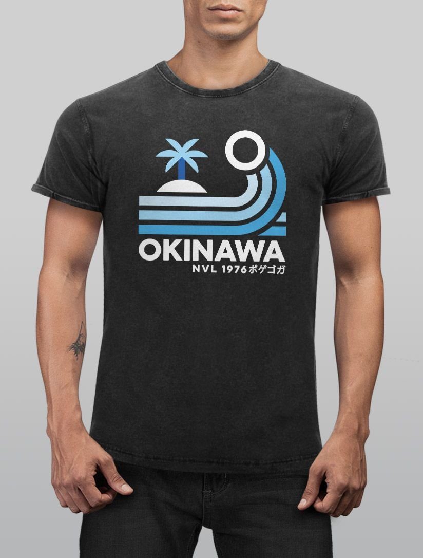 Printshirt Retro Okinawa Print-Shirt Aufdruck Vintage Print ShirtJapan T-Shirt Look Neverless mit Schriftzug Neverless® Used Welle Herren Palme
