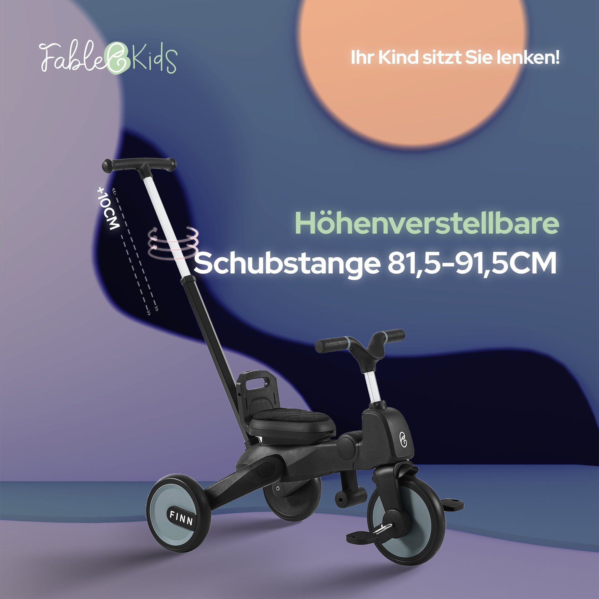 FableKids Dreirad FİNN 7in1 Kinderdreirad Kinder Fahrrad Baby Kinderwagen, ab 18 Monaten, Elternlenkung, Verdeck, 360° Sitz