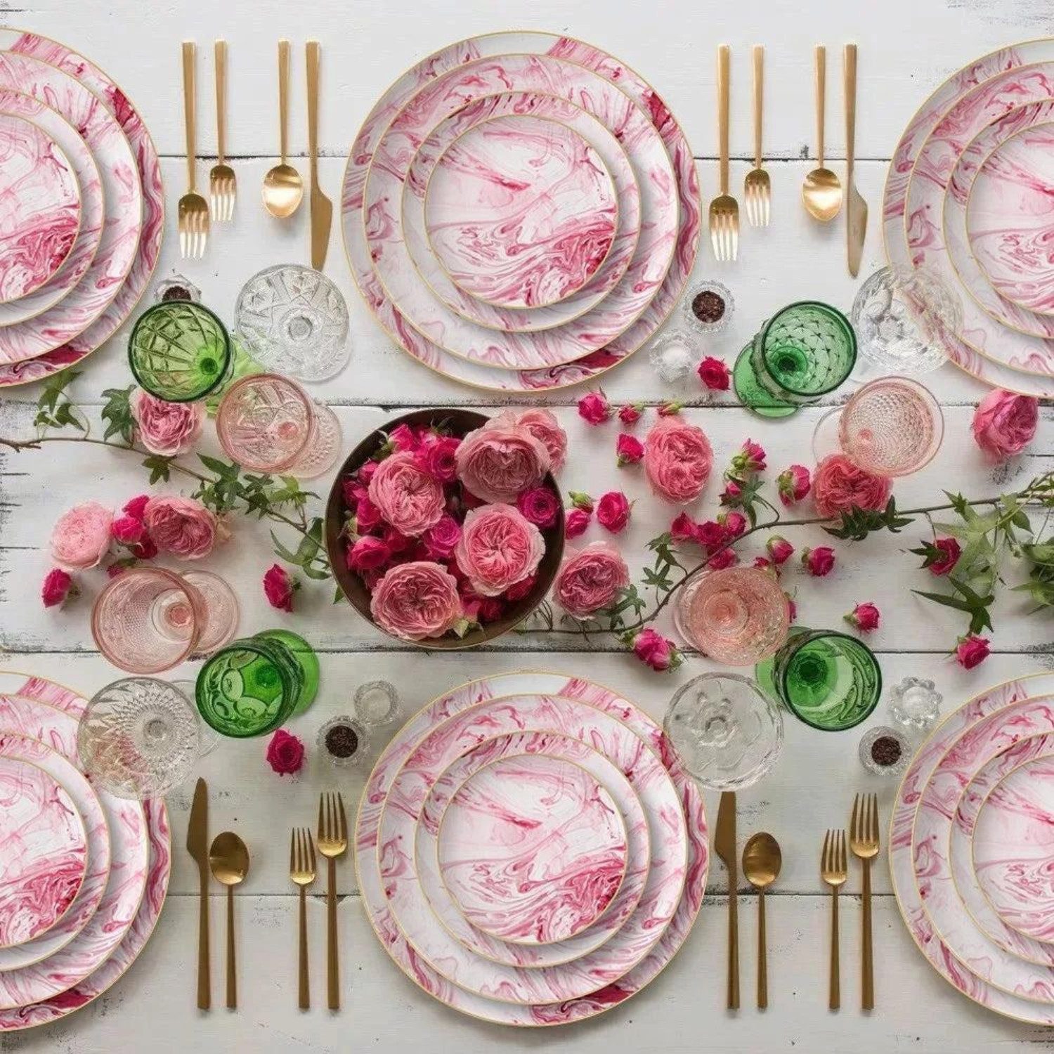 Quality Elegance Teller-Set Rosa Marmor Muster Luxus Bone China Geschirrset (4-tlg)
