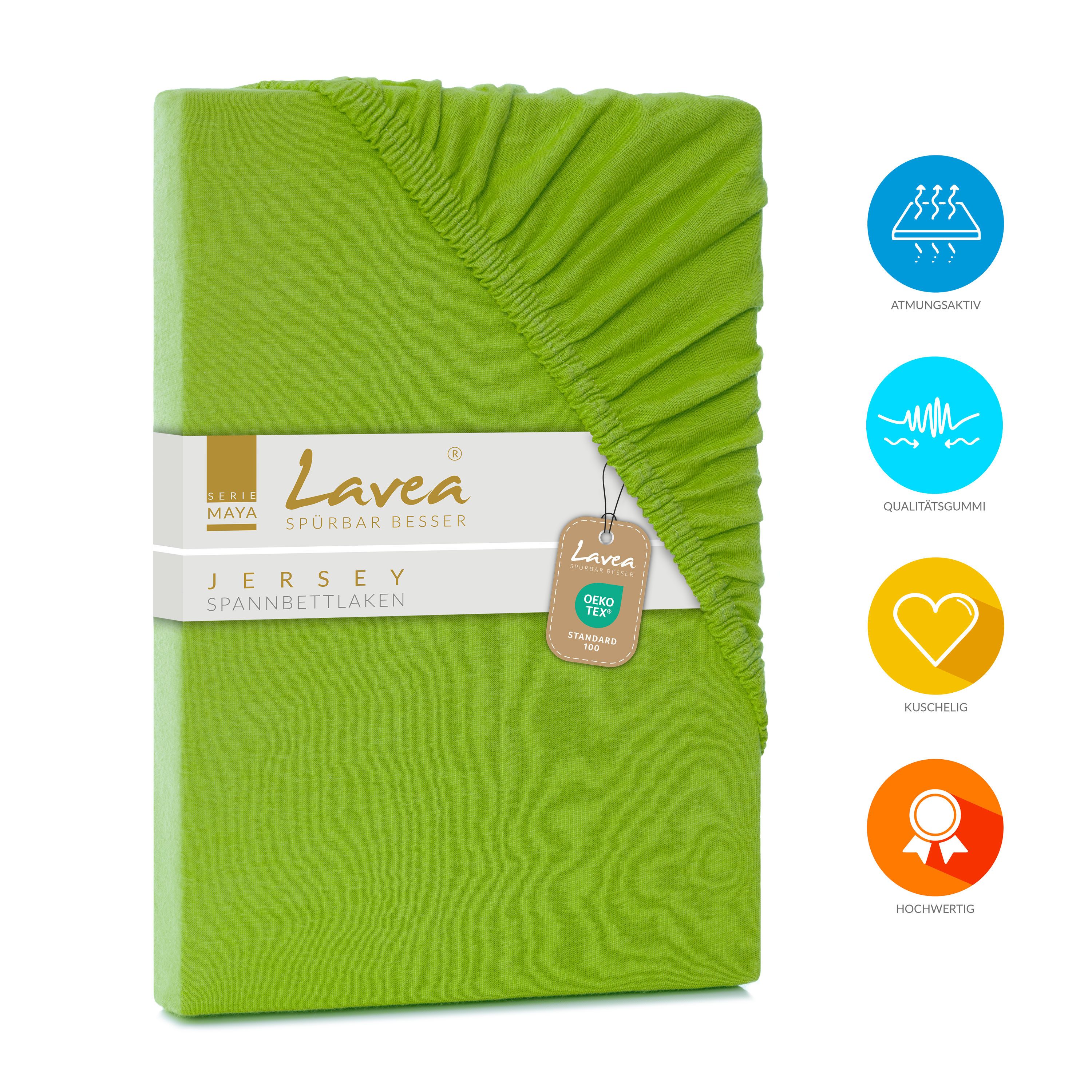 Lavea Spannbettlaken Bettlaken Maya, 180x200cm, 200x200cm, 140x200cm, 160x200cm, 100% Baumwolle Jersey, Gummizug: rundum, (1 Stück), für Matratzen, Topper, Boxspring- und Wasserbetten, weich, langlebig