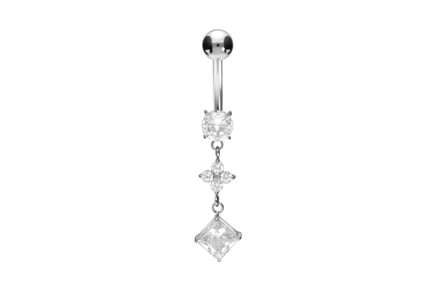 Bauchnabelpiercing Titan Bananabell mit Innengewinde KRISTALLBLUME + KRISTALLQUADRAT