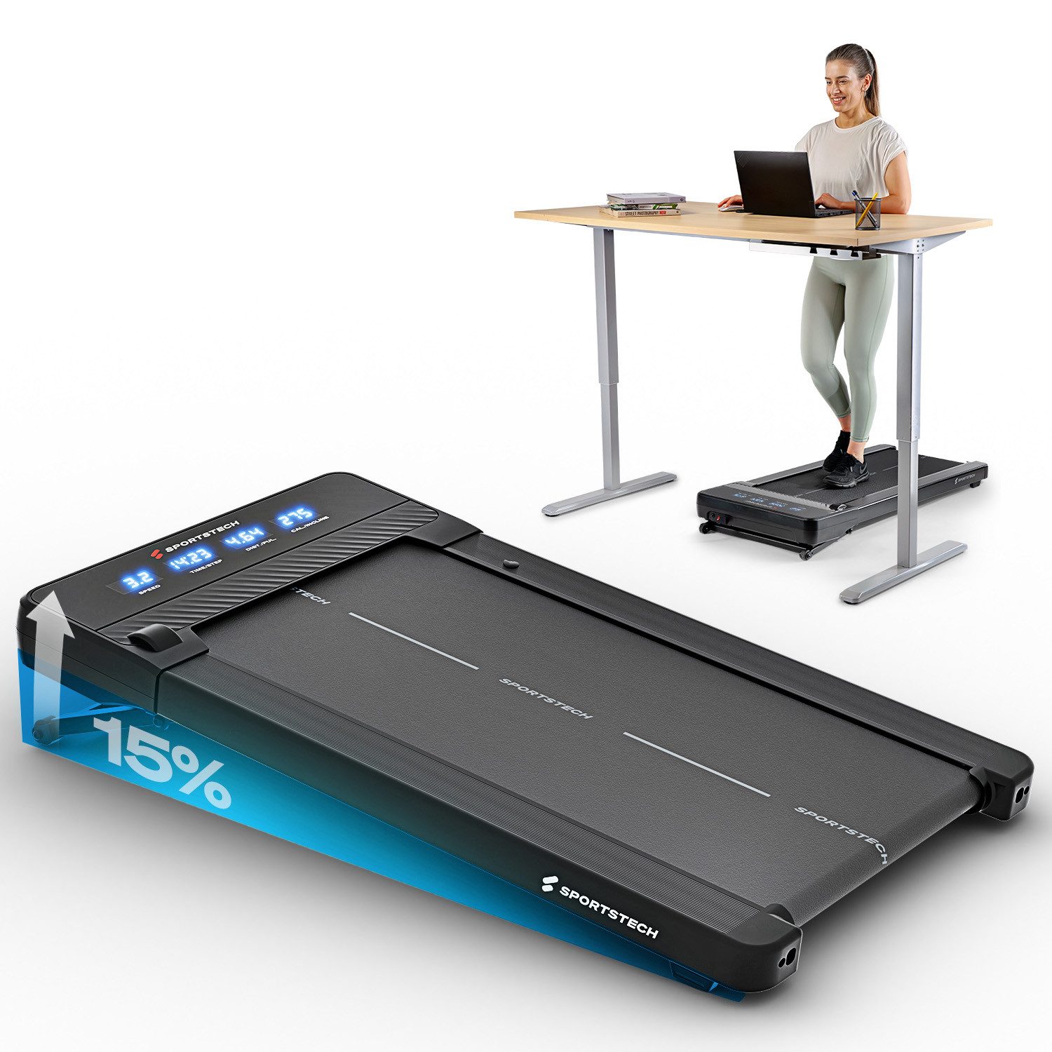 Sportstech Laufband sPad500 (mit Fernbedienung), Automatische Steigung, Laufband für Zuhause, LED-Display