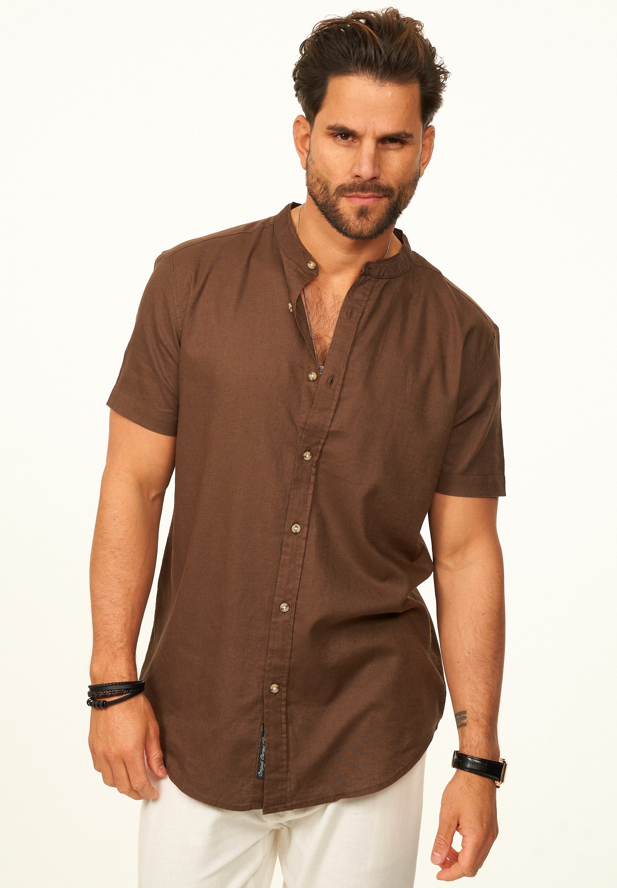 behype Kurzarmhemd als Sommerhemd aus Leinen im Regular-Fit Herren Leinenhemd Freizeithemd mit Stehkragen