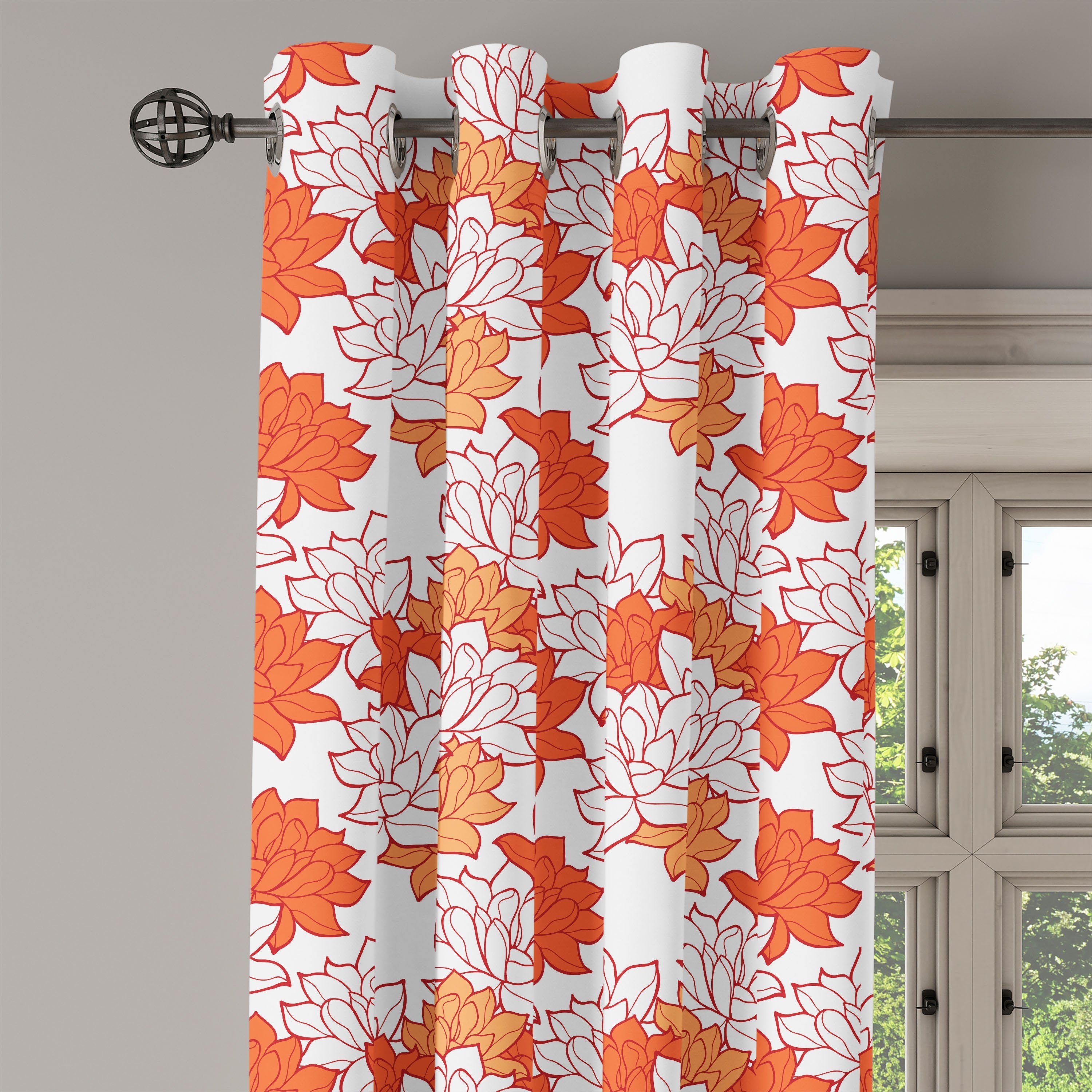 Blooming Lotus Schlafzimmer 2-Panel-Fenstervorhänge Wohnzimmer, Dekorative für Leaves Gardine Abakuhaus, Orange