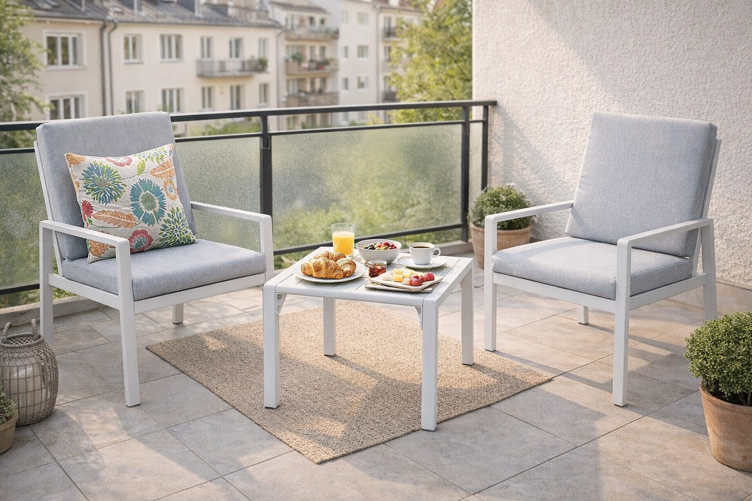 MeXo Gartenlounge-Set Lounge Gartenmöbelset Aluminium Wetterfest, (Balkonmöbel Set für 2 Personen, 3-tlg., 2 Sessel, Couchtisch 44x44x41 cm), 85 cm Rückenlehne, hoher Sitzkomfort