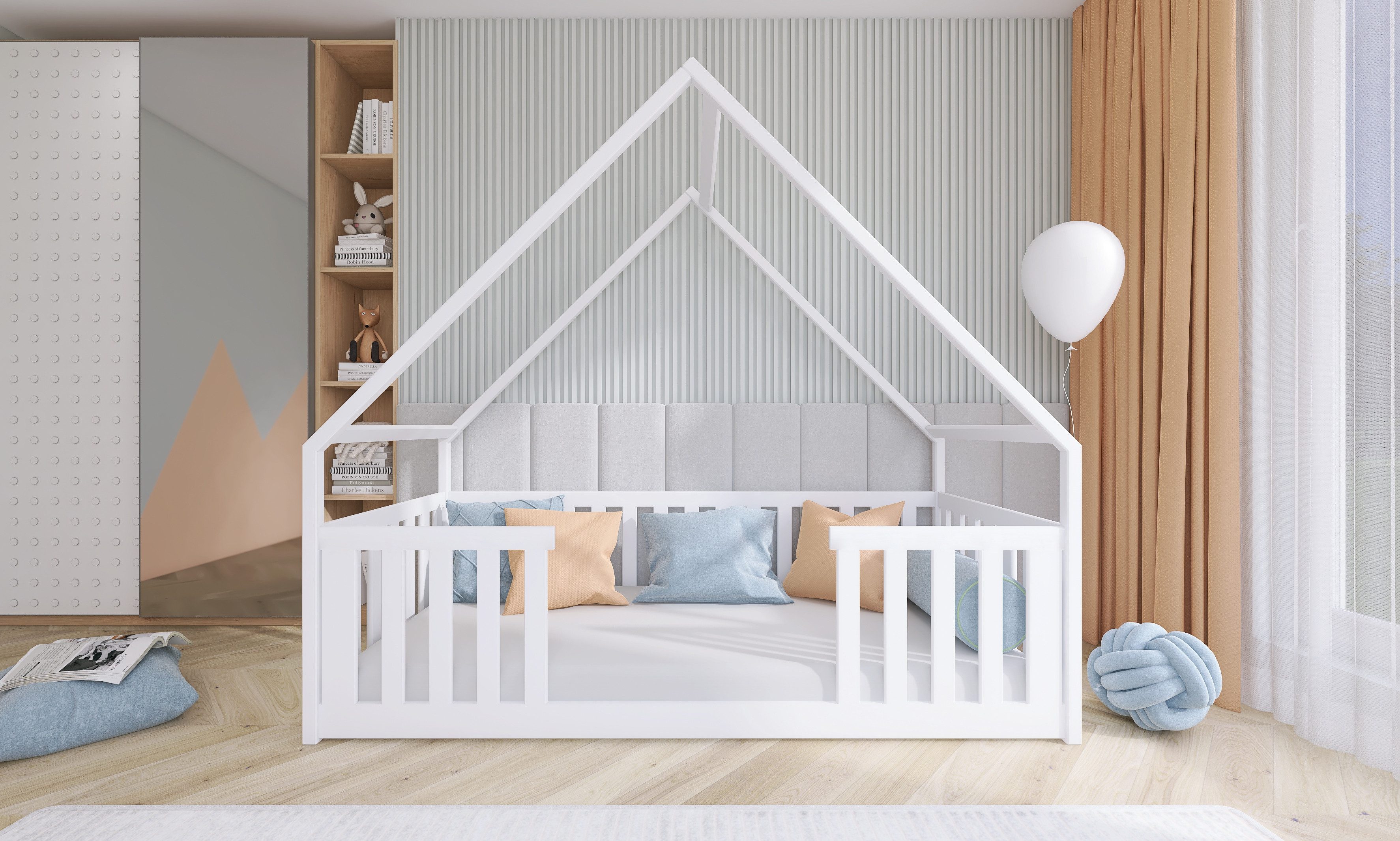 thematys Hausbett Bodenbett Kinderbett Laufstall mit Rausfallschutz (für Jungen und Mädchen), auch als Babybett geeignet