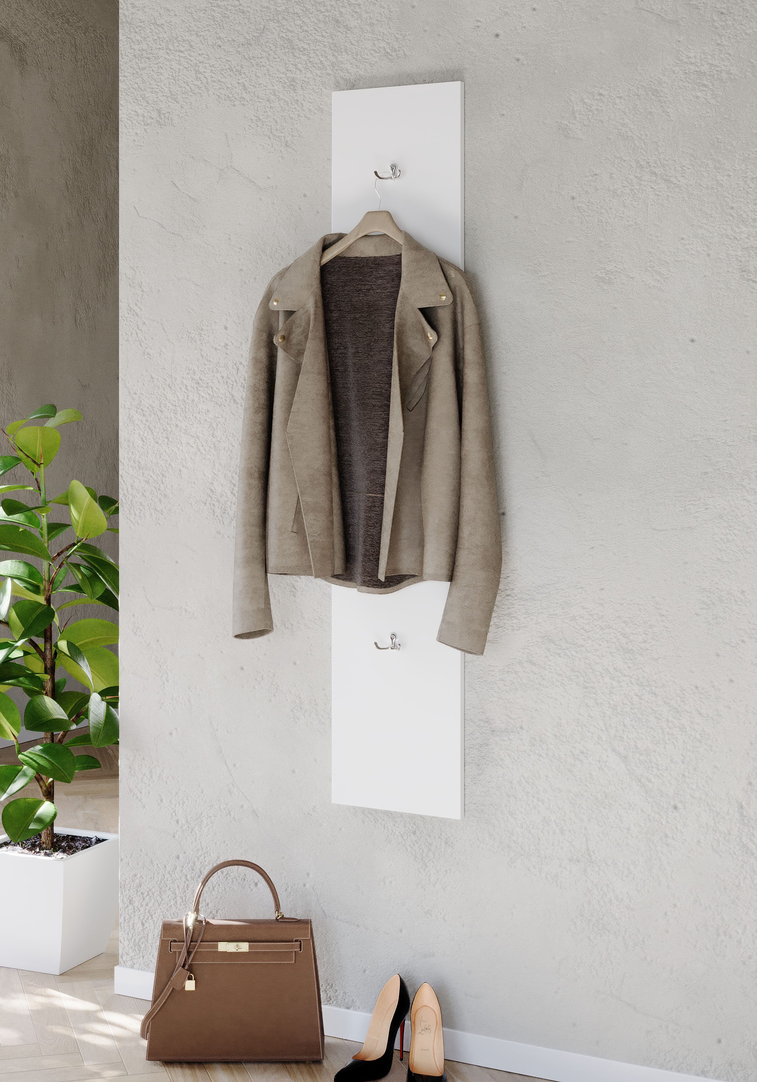 OTTO home Garderobenpaneel Wandpaneel mit 2 Doppelhaken Breite 28 cm, Höhe 138 cm, Wandgarderobe, Weiß Hochglanz Lack passend zur Garderobe Smile + Hamburg, Metallhaken