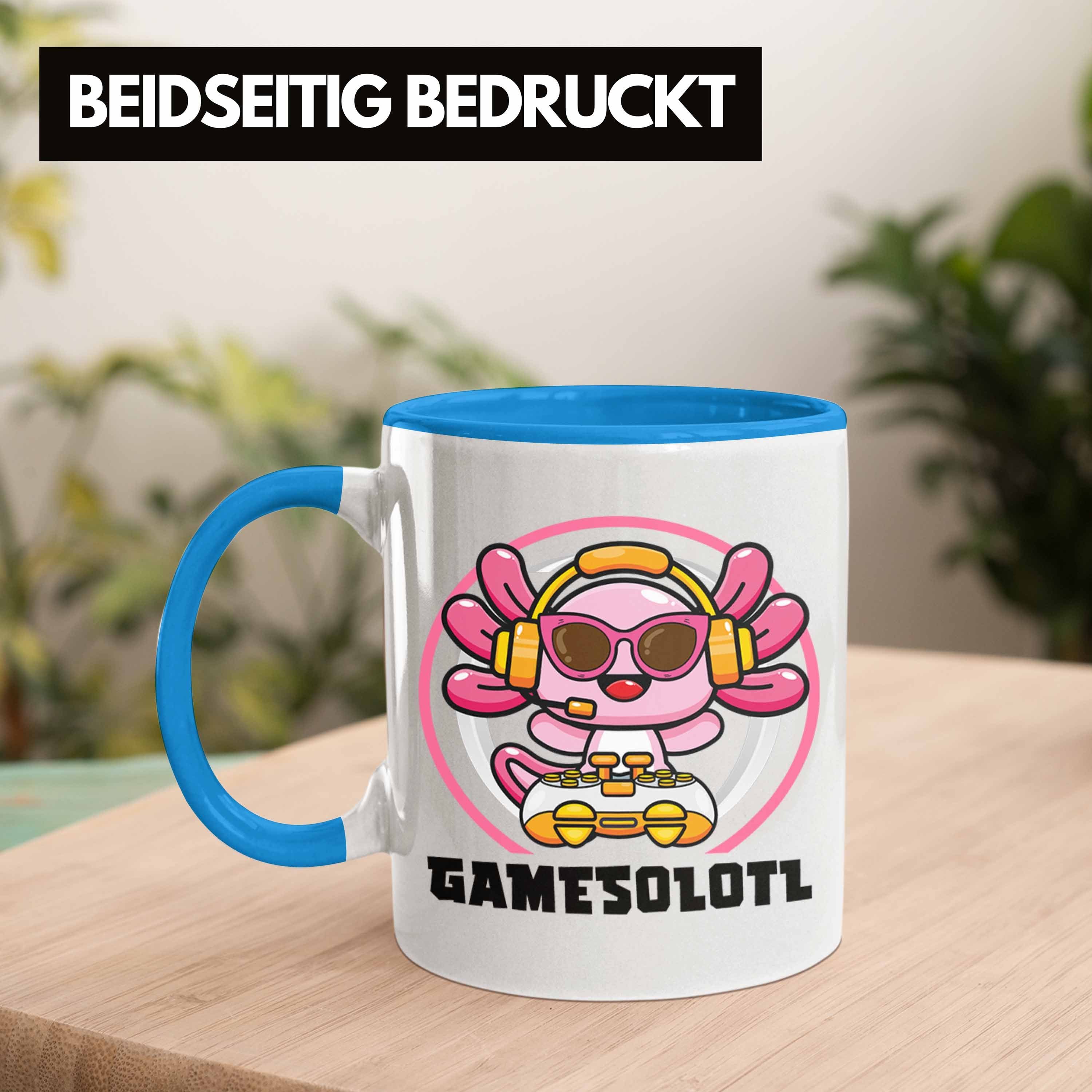 Trendation Tasse Trendation - Schwanzlurch Geschenkidee Tasse Gamer Axolotl Tiere Lustig Grafik Geschenk Blau
