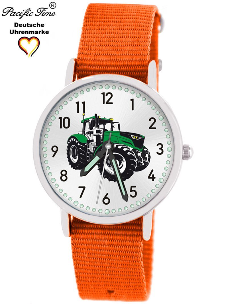 Pacific Time Quarzuhr Kinder Armbanduhr Wechselarmband, grün Gratis orange und Versand Match Traktor Design - Mix