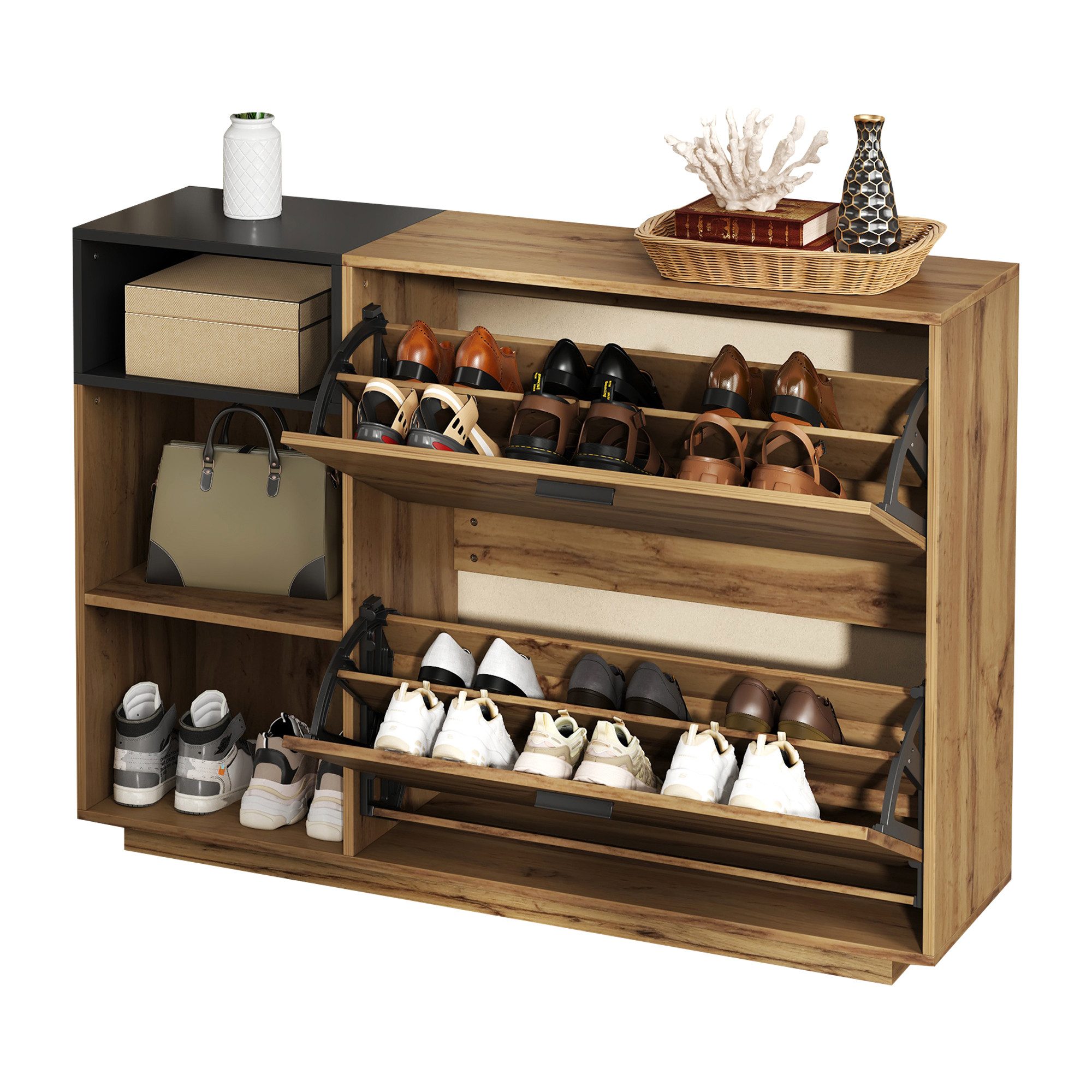 Yorbay Schuhschrank aus MDF, mit 3 offenen Fächern & 2 Klappfächern, Flurschrank (120x32x84,5 cm)