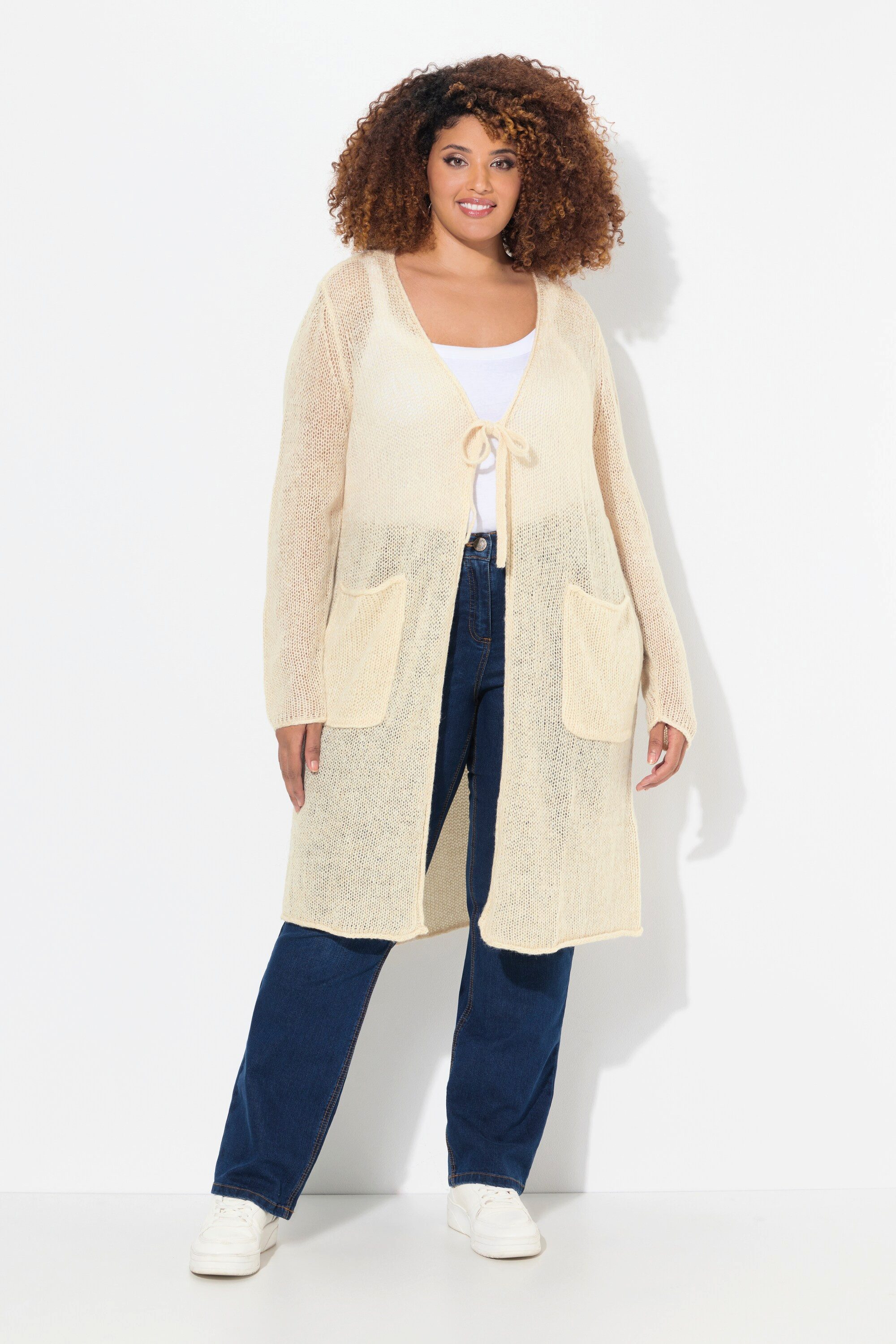 Ulla Popken Strickjacke Long-Strickjacke Bindeband V-Ausschnitt Rollkanten