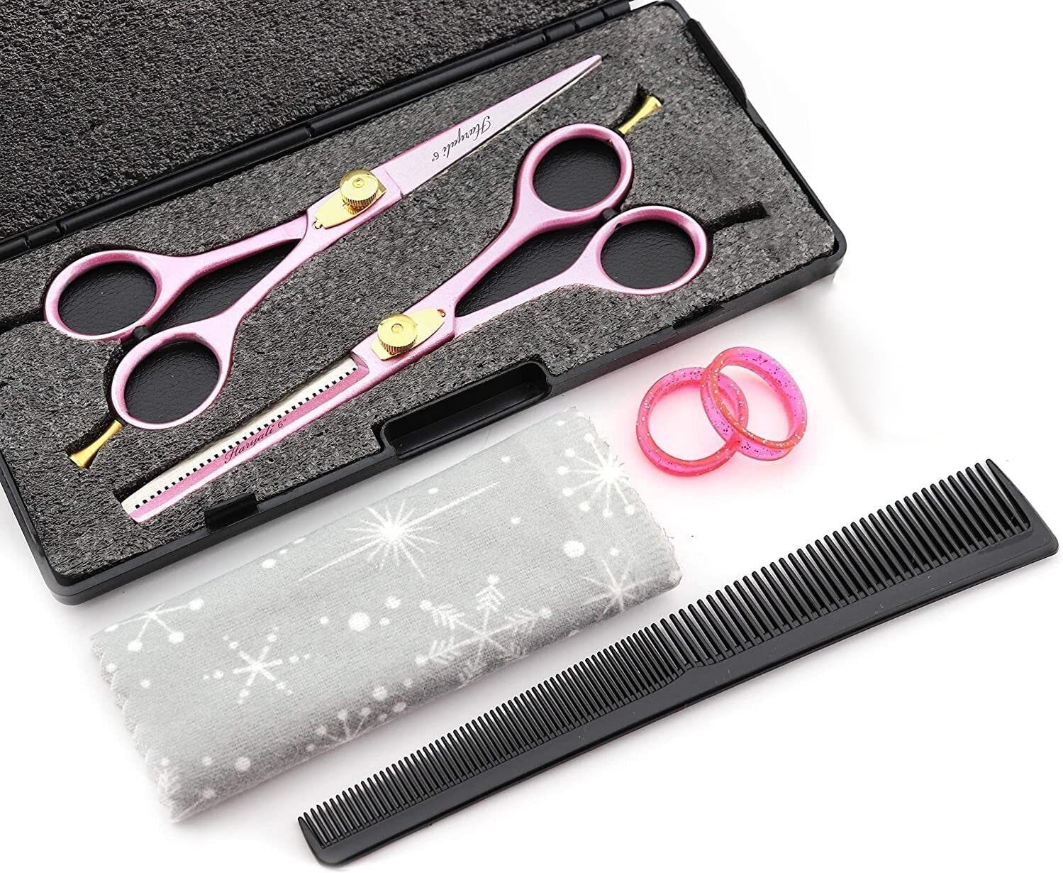 Haryali London Haarschere Professionelles Friseurscheren-Set, Haarschere und Effilierschere, (1 x Paar, 2-tlg., 1x Schneideschere, 1x Effilierschere, 1x Kamm, 1x Öl, 1x Tasche), verstellbar + Fingerauflage