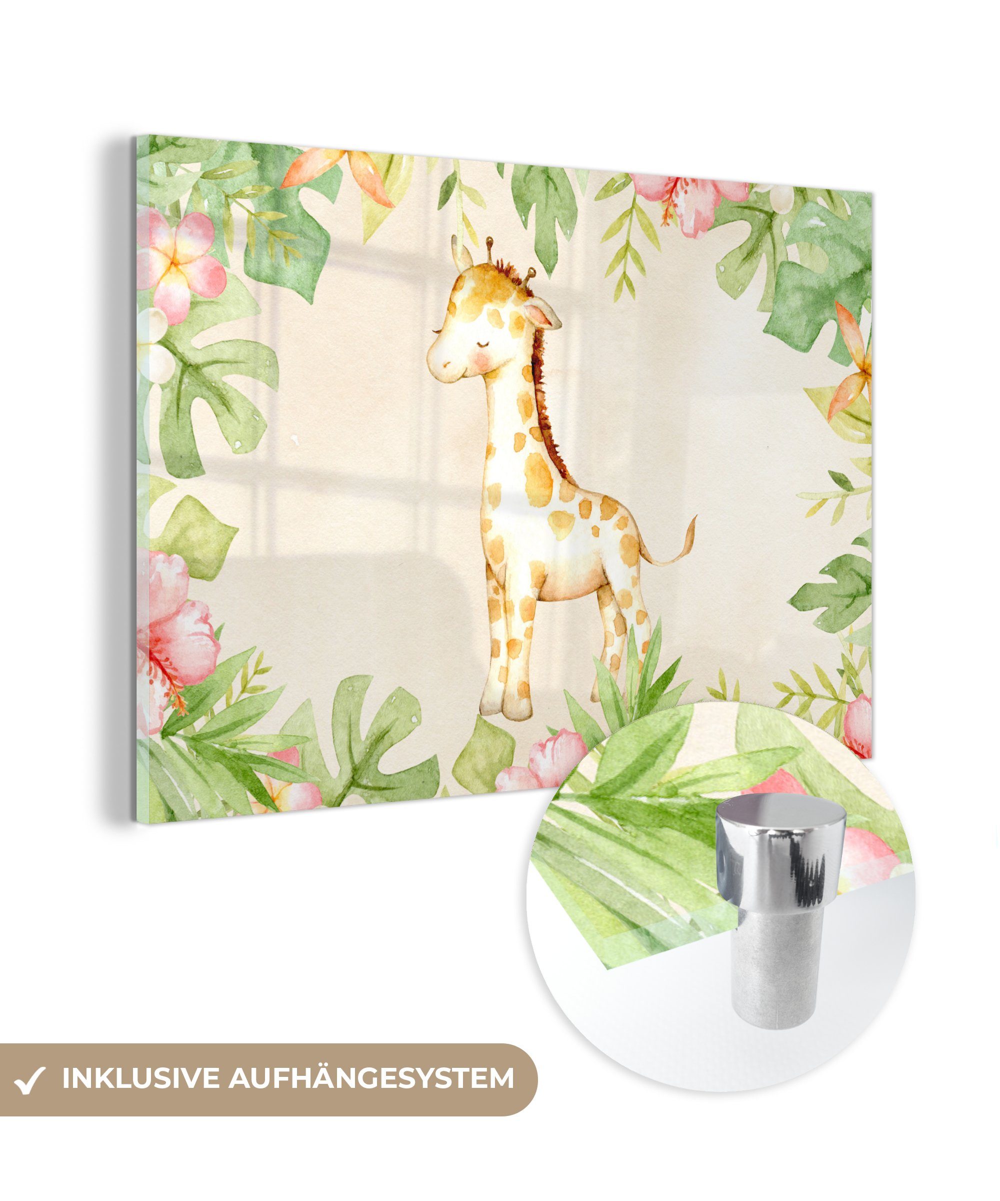 MuchoWow Acrylglasbild Giraffe - Aquarellfarbe - Blumen - Dschungel, (1 St), Glasbilder - Bilder auf Glas Wandbild - Foto auf Glas - Wanddekoration