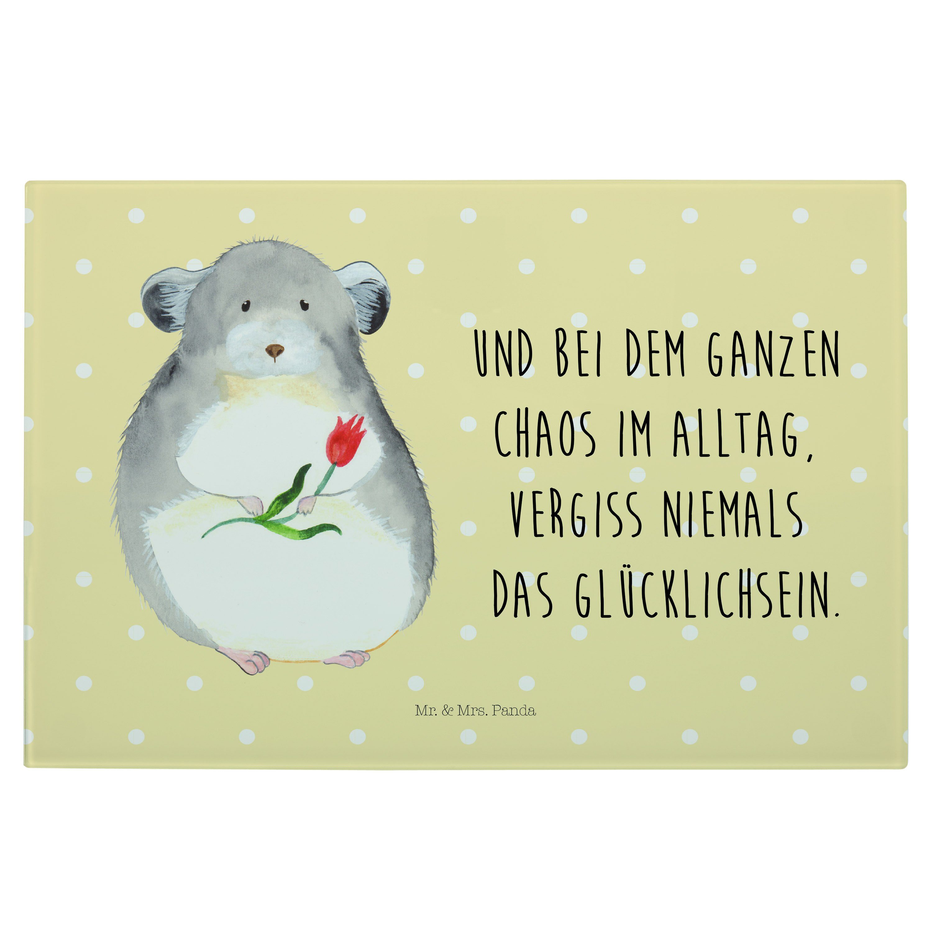 Mr. & Mrs. Panda Servierbrett Chinchilla mit Blume - Gelb Pastell - Geschenk, Gute Laune, Tiere, Gl, Premium Glas, (1-St)