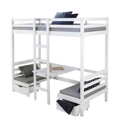 Homestyle4u Hochbett Kinderbett 90x200 weiß Schreibtisch Bettkasten
