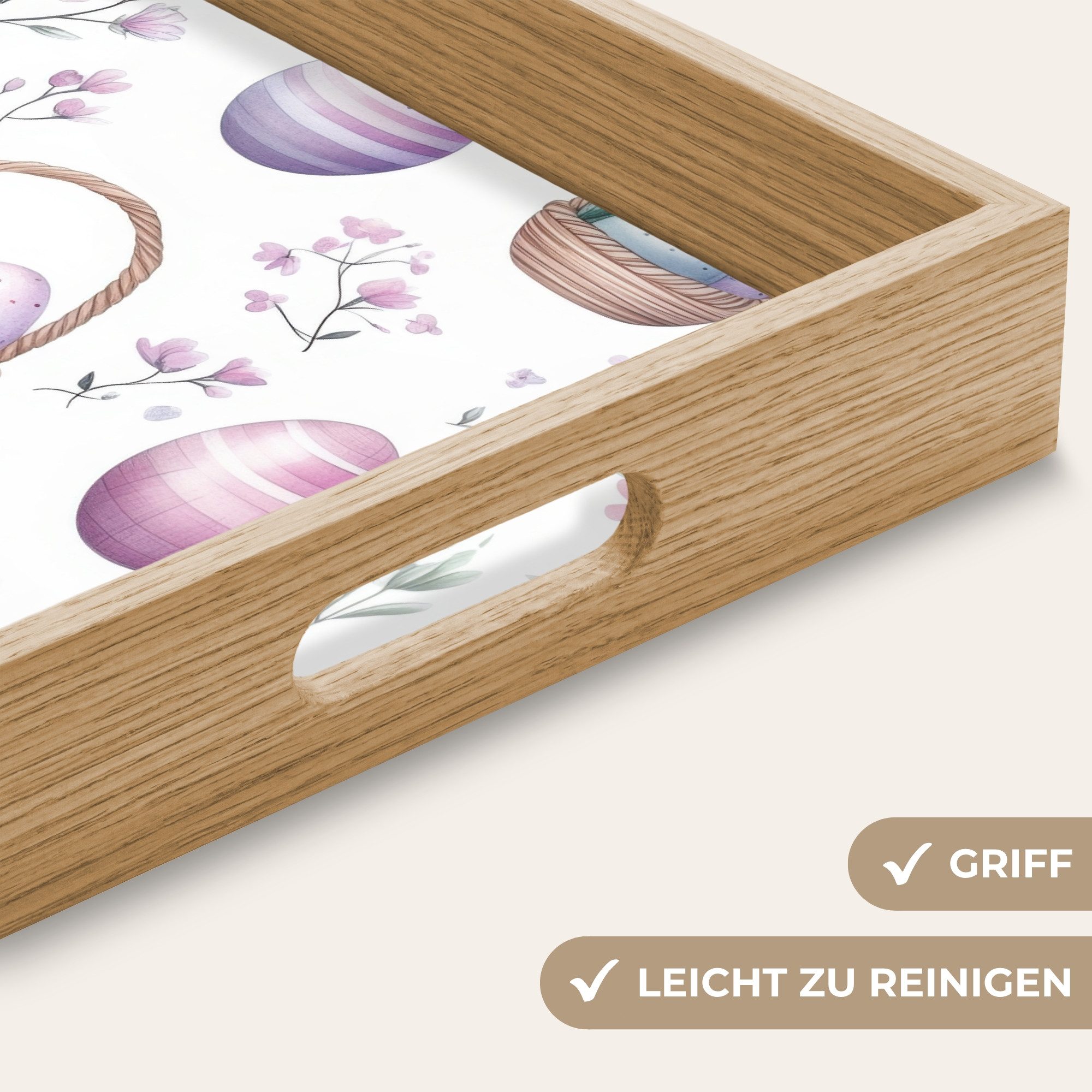OnlyWow Tablett Rechteckig mit Henkel Blumen - Ostereier - Muster, Eichenholz, (1-tlg), Siervierplatte, Tray, Frühstücksbrett
