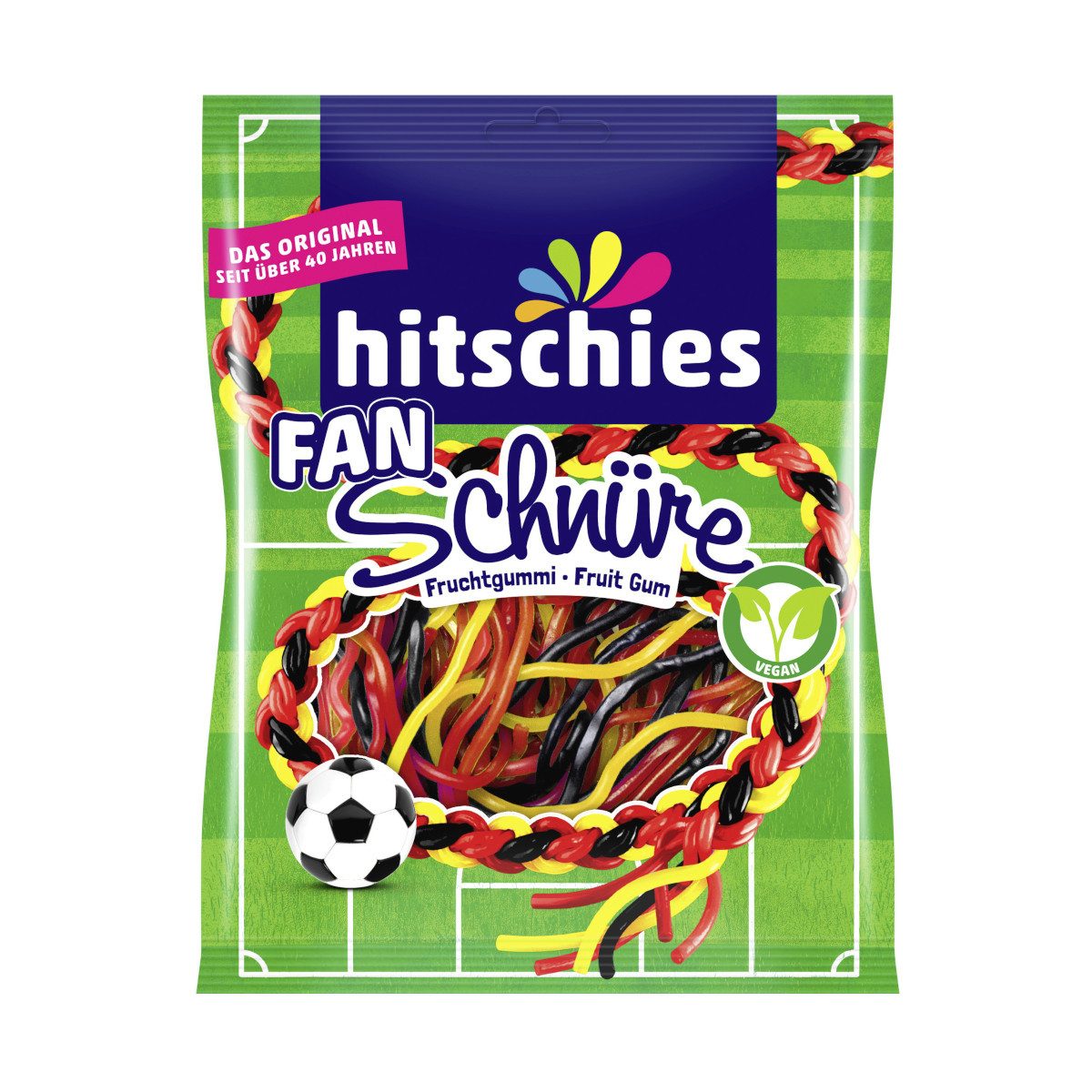 hitschies Süßigkeit, Hitschies Fan Schnüre Fruchtgummi schwarz rot gold Packung 125g