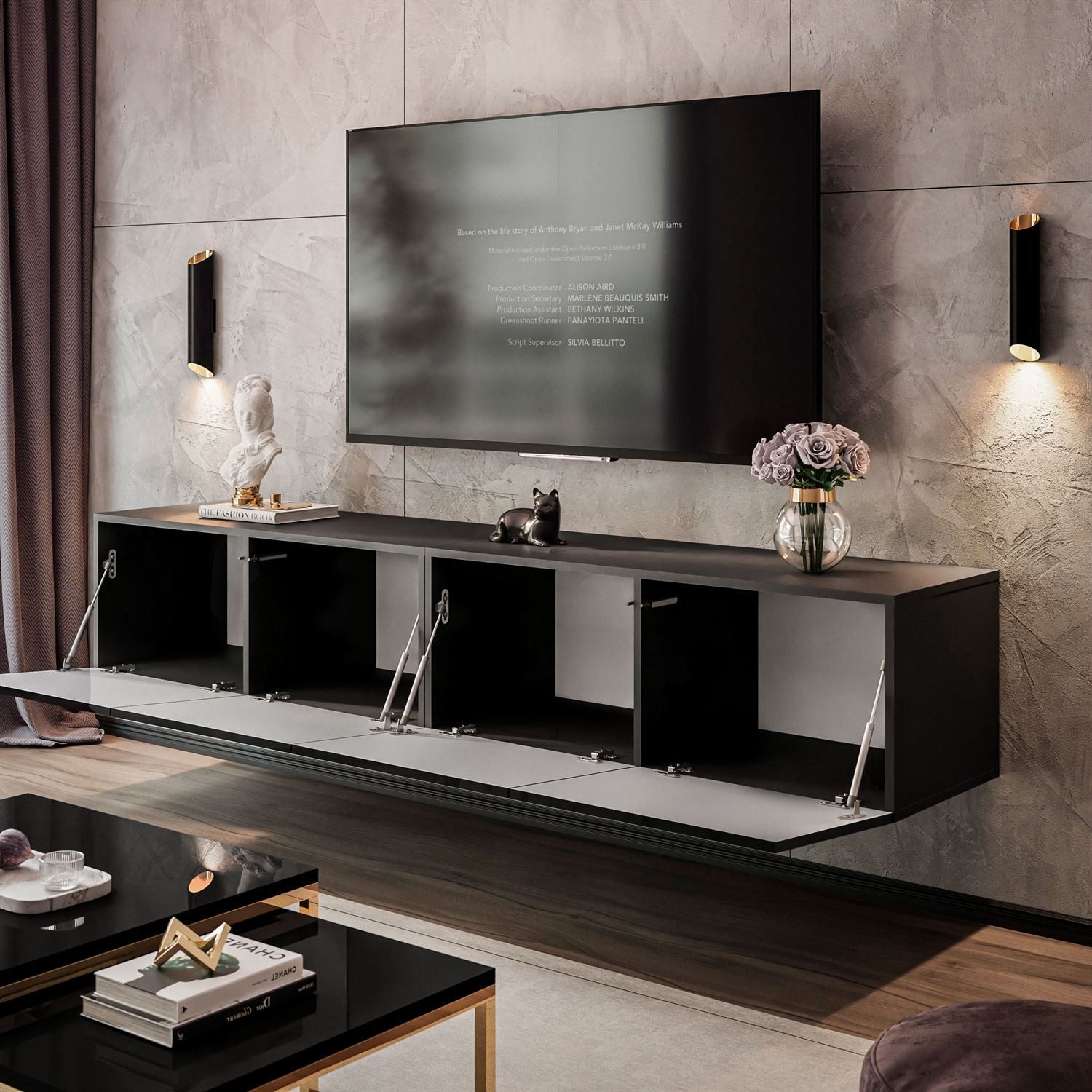 Lookway Lowboard COLGANTE 200 cm Schwarz Hochglanz Hängender RTV Schrank mit LED, Breite : 2 x 100 com