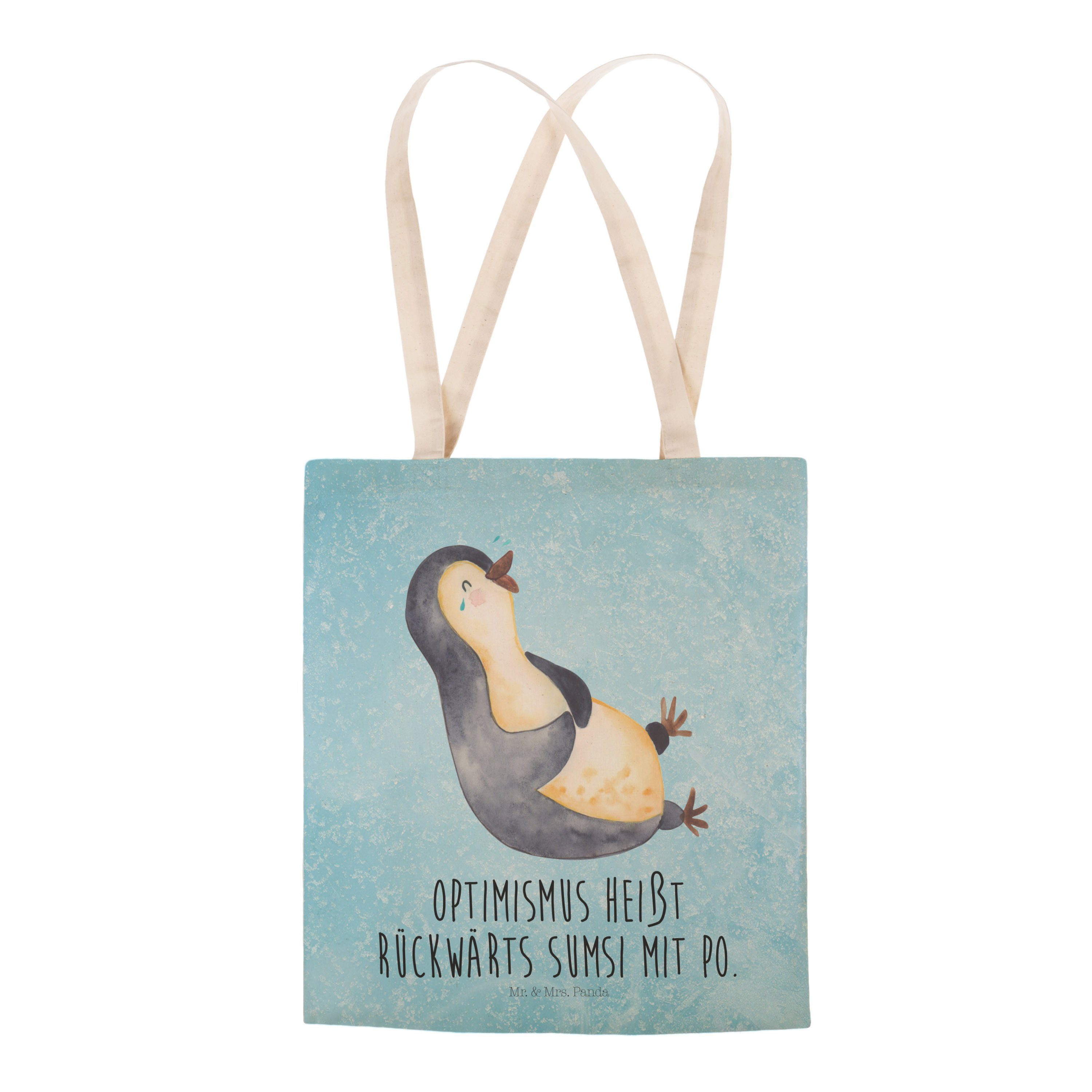 Mr. & Panda Shopper, lachend Tragetasche Pinguine, Geschenk, Optimismus, Eisblau - - (1-tlg) Pinguin Mrs