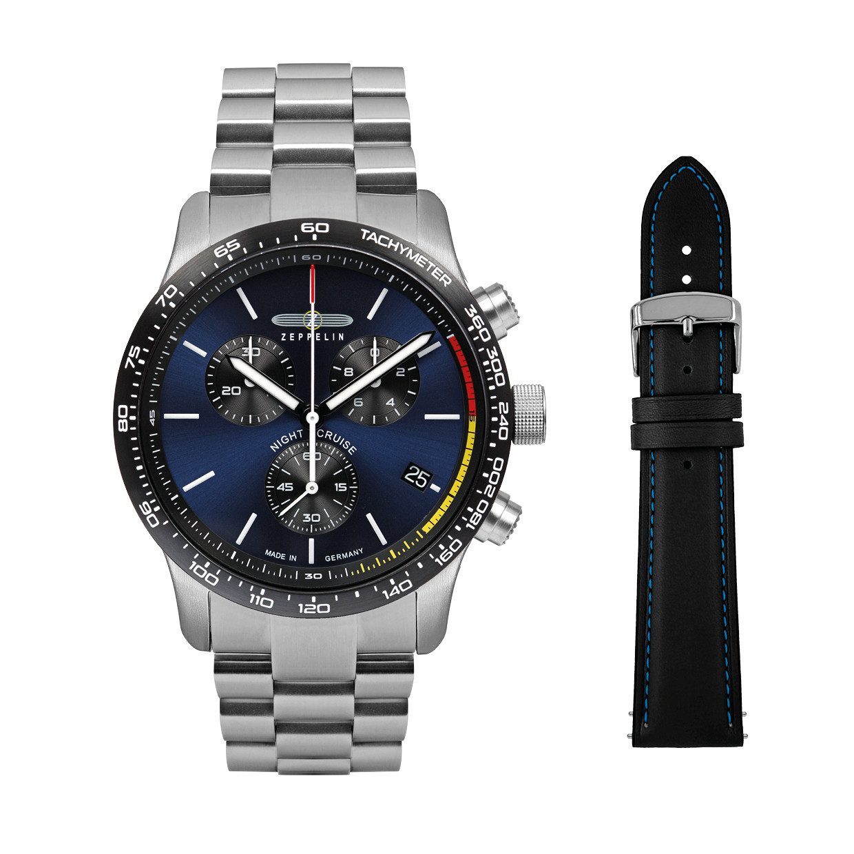 ZEPPELIN Chronograph Night Cruise 7288M-3_SET, (Set, 2-tlg., mit Wechselarmband), Quarzuhr, Armbanduhr, Herrenuhr, Made in Germany, Edelstahlarmband