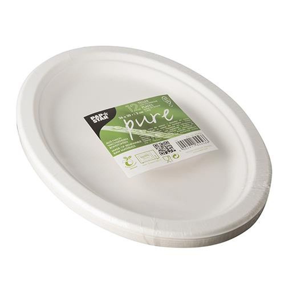 PAPSTAR Pappteller 12 Teller, Zuckerrohr "pure" oval 26 cm x 20 cm x 2 cm weiss