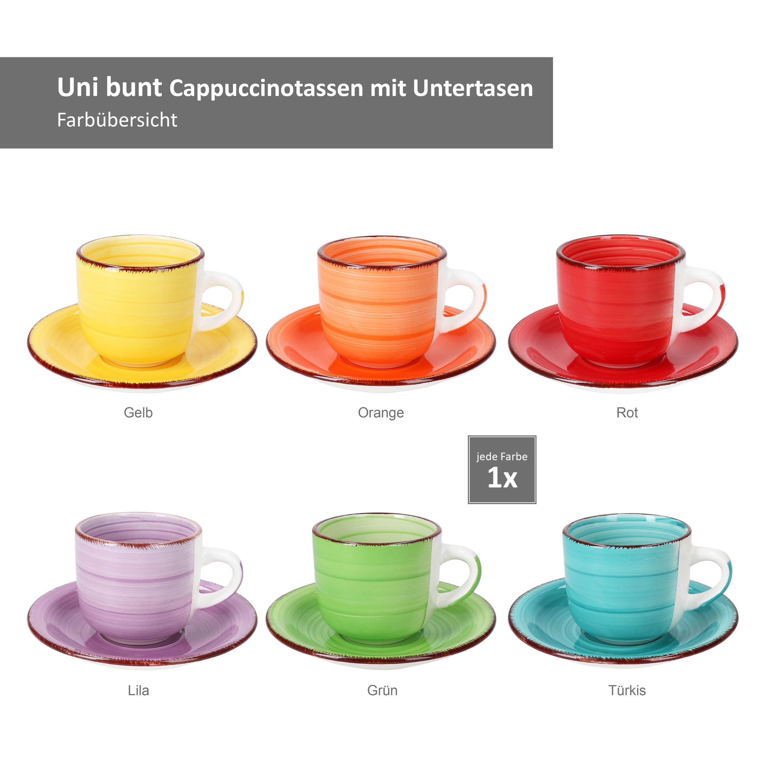 MamboCat Tasse 6er Set Uni bunt Cappuccinotassen mit Untertassen 200ml Kaffee Tee, Steingut